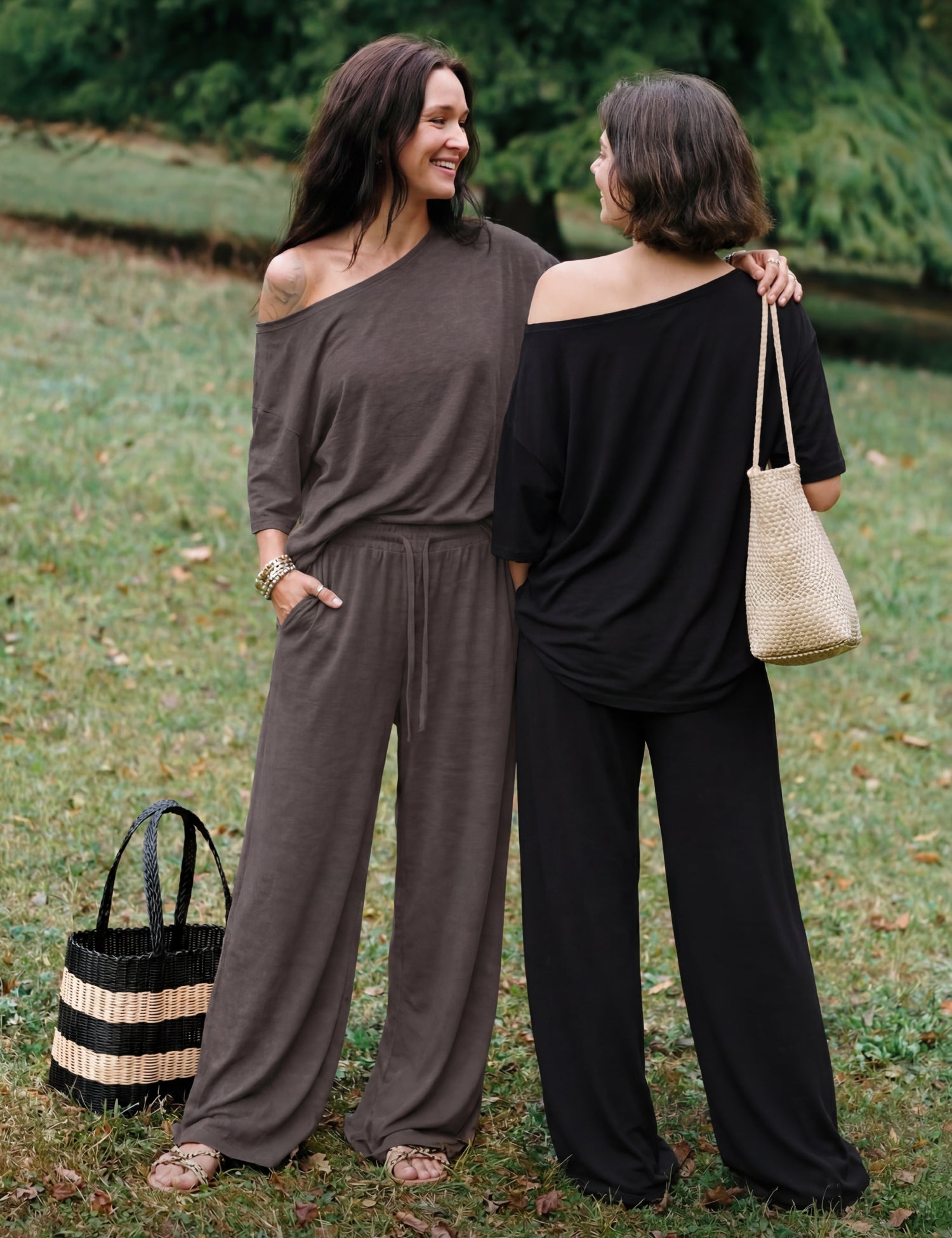 SHOWITTY Womens 2 Piece Outfit, One Shoulder Top Drawstring Wide Leg Pants with Pockets Street wear Set