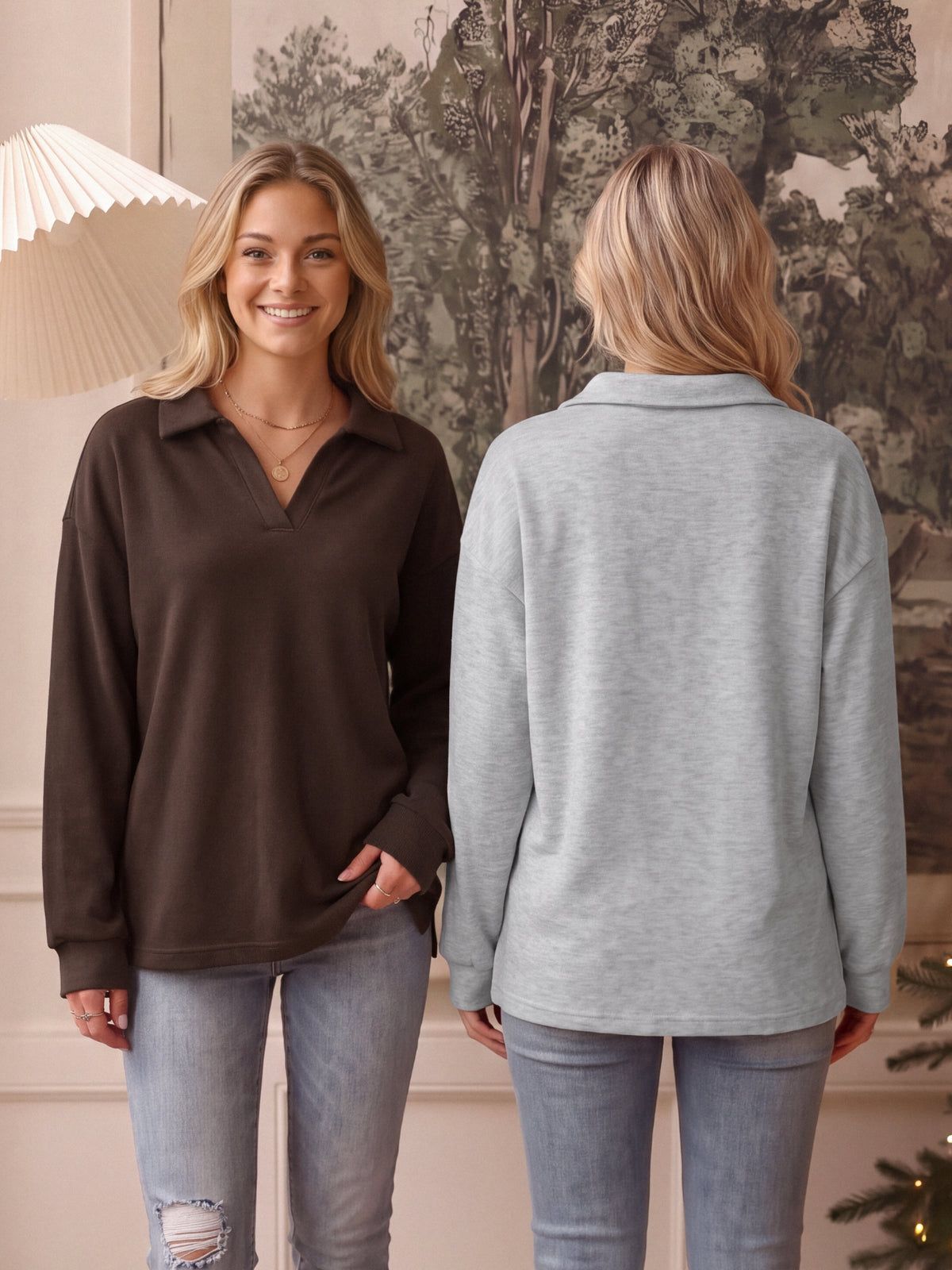 【Everyday Minimal】SHOWITTY Womens V Neck Polo Sweatshirt Long Sleeve Collared Pullover Top High Low Hem Casual Shirt
