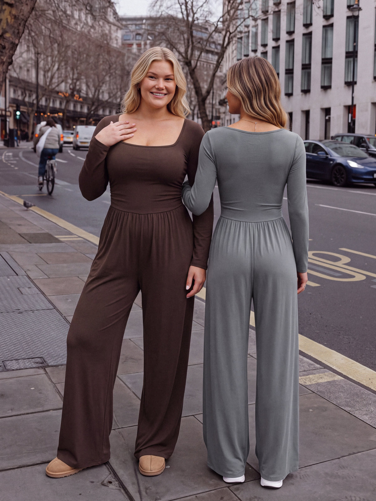 【One & Done】SHOWITTY Womens Long Sleeve Wide Leg Jumpsuit Square Neck Stretchy One Piece Outfit Casual Romper