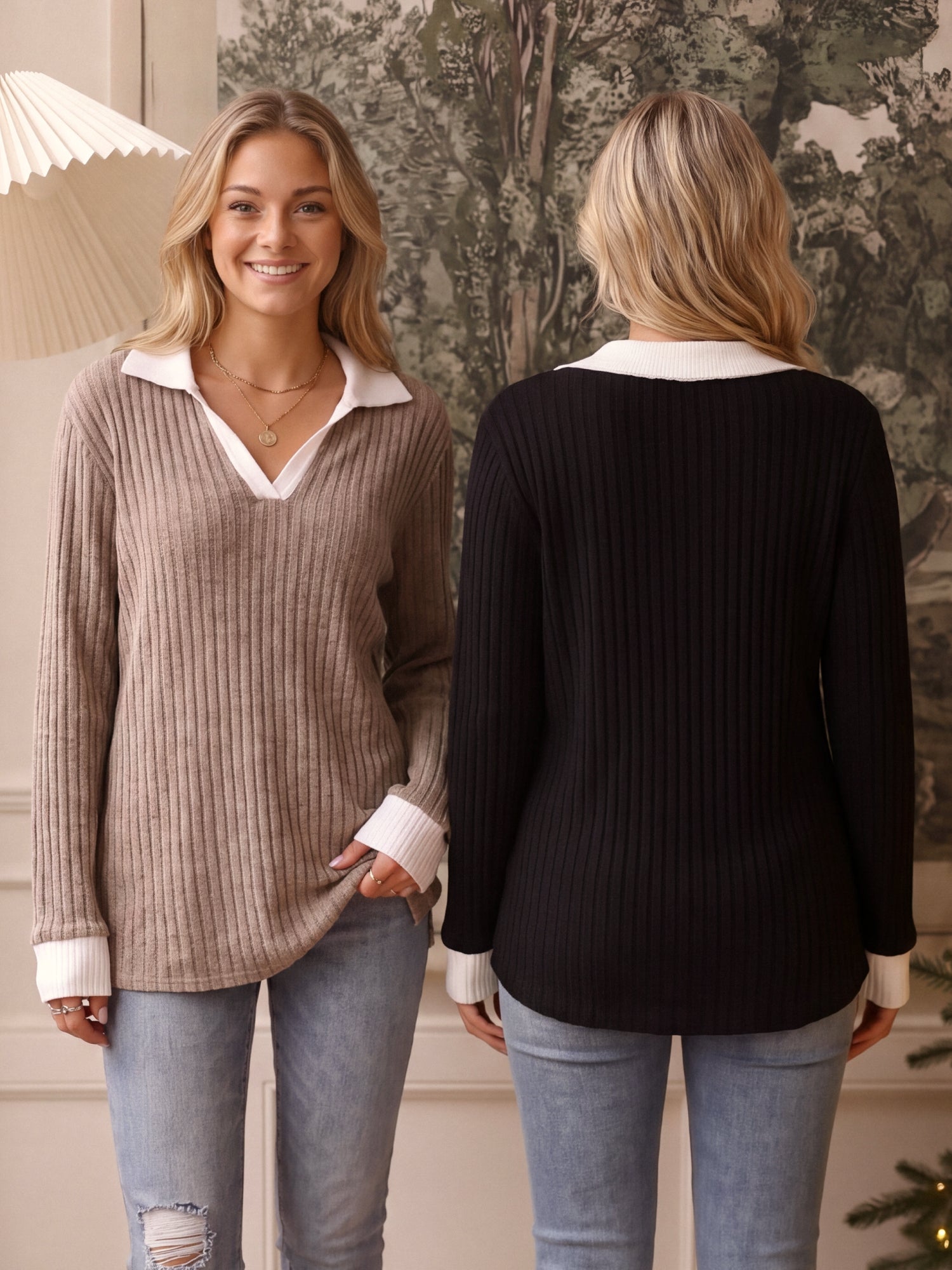 【Soft Layers】SHOWITTY Womens Long Sleeve Knit Polo Shirt Contrast Collar Soft Stretch Pullover Top Casual Blouse