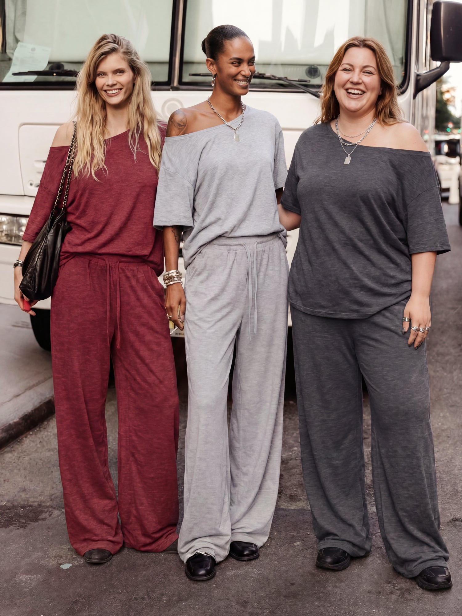 SHOWITTY Womens 2 Piece Outfit, One Shoulder Top Drawstring Wide Leg Pants with Pockets Street wear Set