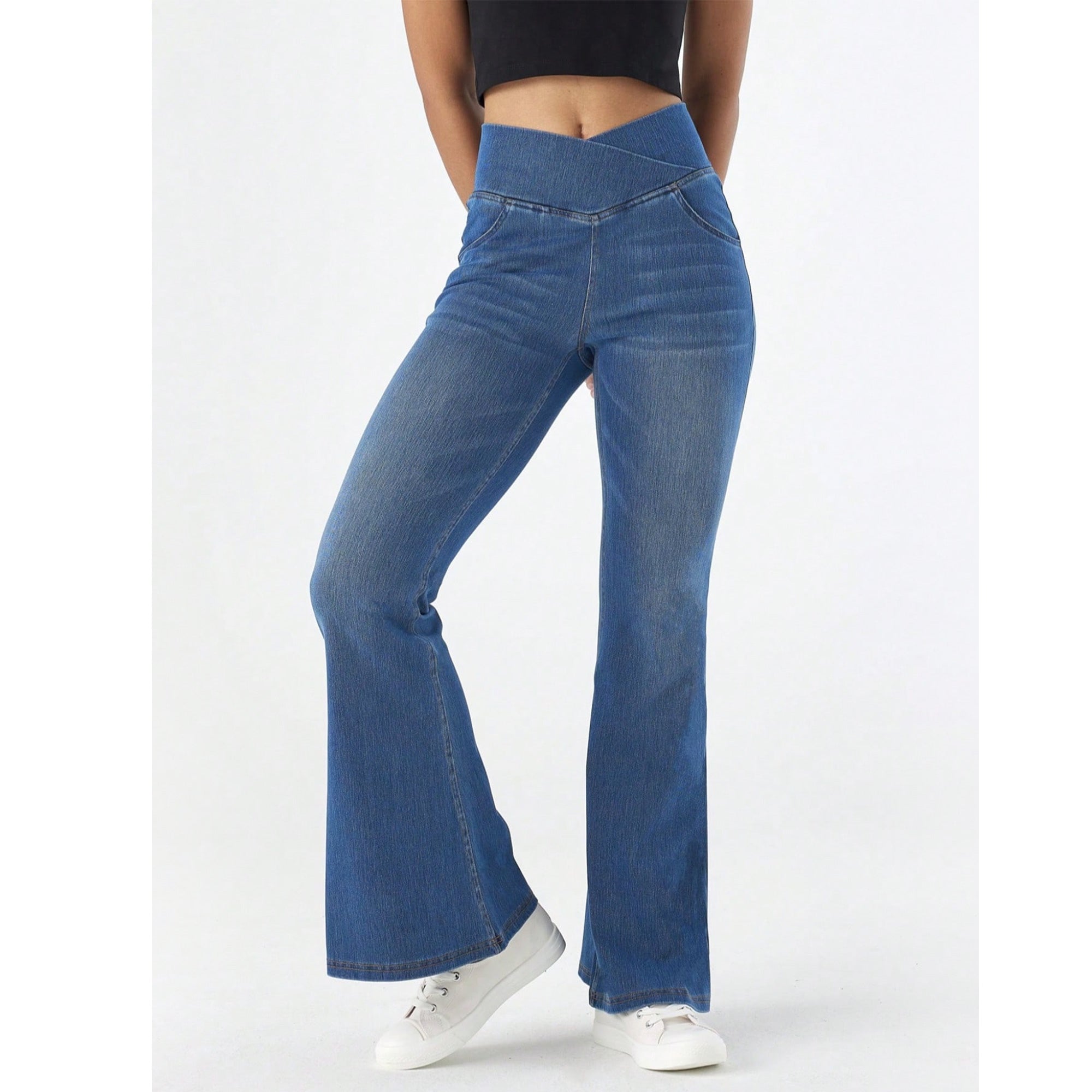 SHOWITTY Women’s High-Waisted Wide-Leg Jeans | Crossover Flared Jeans – Stretchy Denim Pants