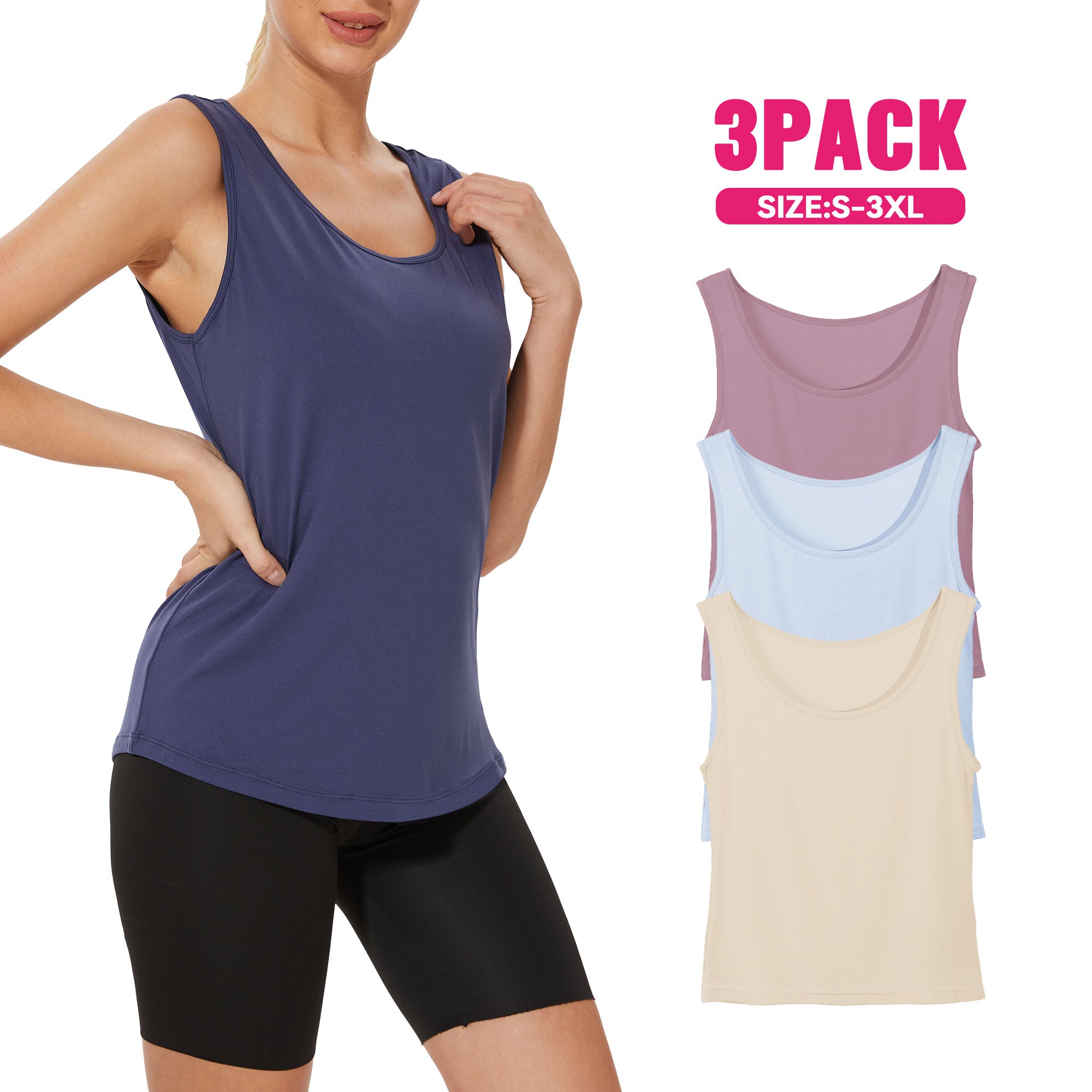 Showitty 3 Pack Women's Tank Top, Plus Size Undershirt Loose Fit Casual Round Neck Trendy Sleeveless Summer Tops Clothes Womenswear Tube