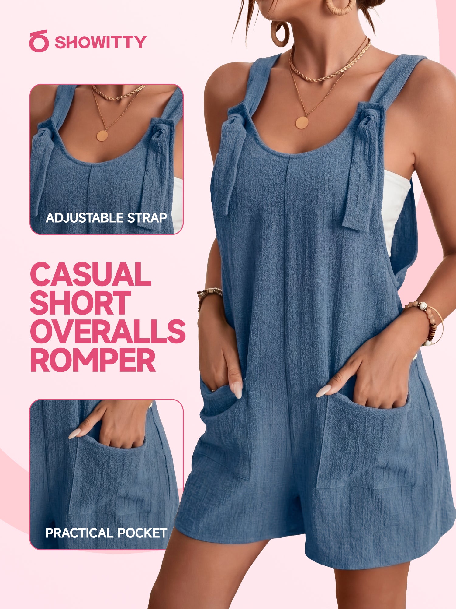 SHOWITTY Womens Sleeveless Romper Casual Loose Fit Adjustable Strap Short Jumpsuit with Pockets