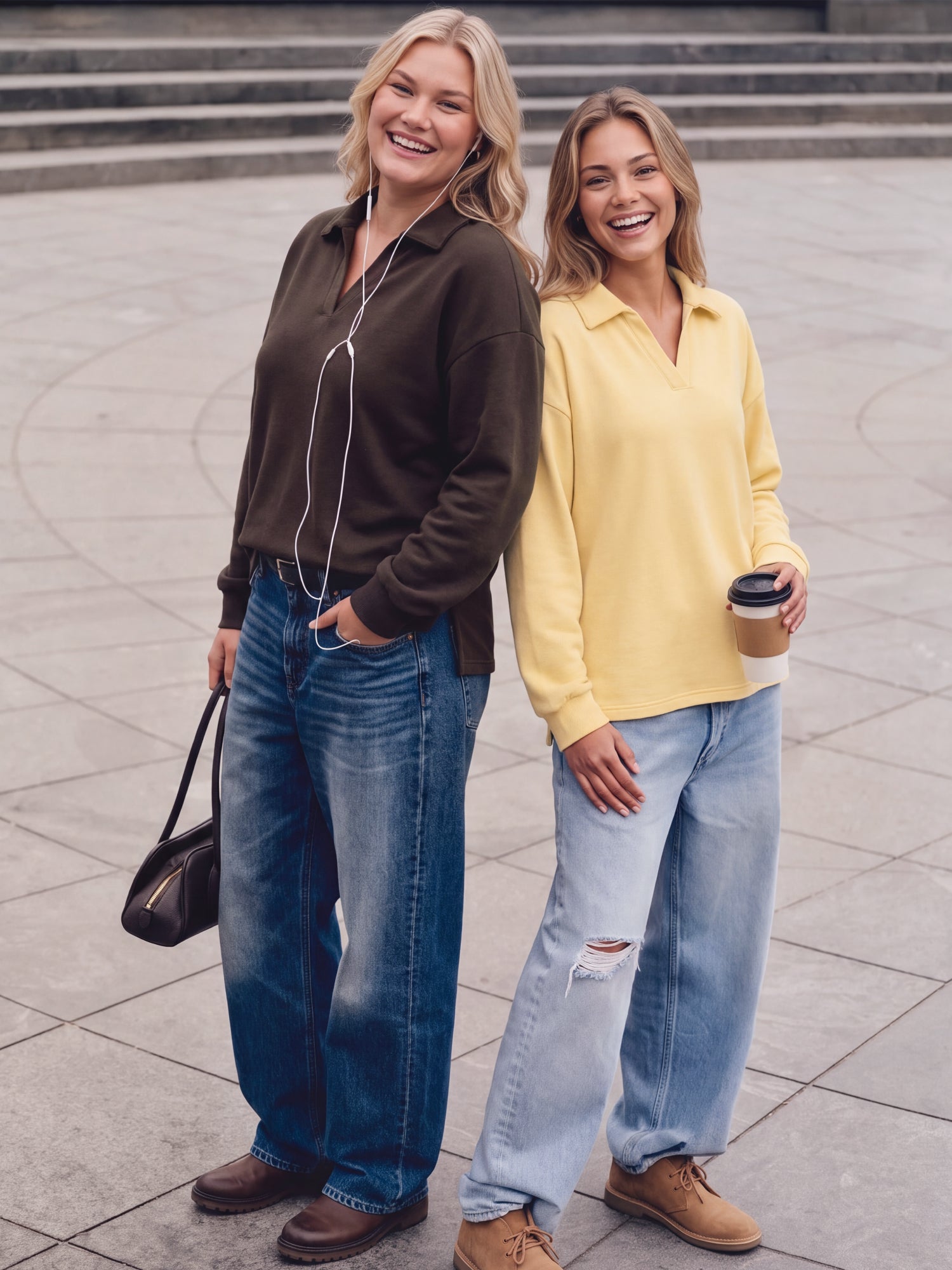【Everyday Minimal】SHOWITTY Womens V Neck Polo Sweatshirt Long Sleeve Collared Pullover Top High Low Hem Casual Shirt