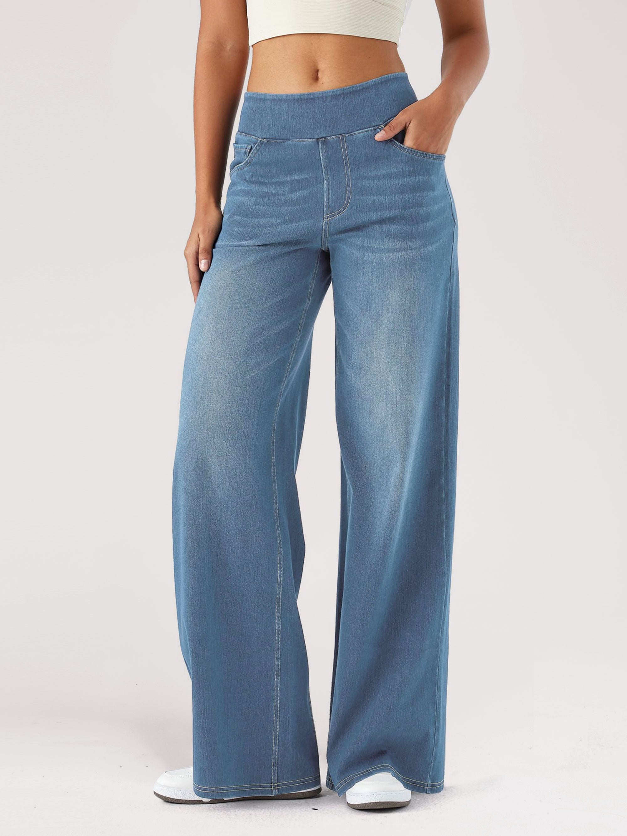 SHOWITTY Women’s High-Waisted Wide-Leg Jeans | Crossover Flared Jeans – Stretchy Denim Pants