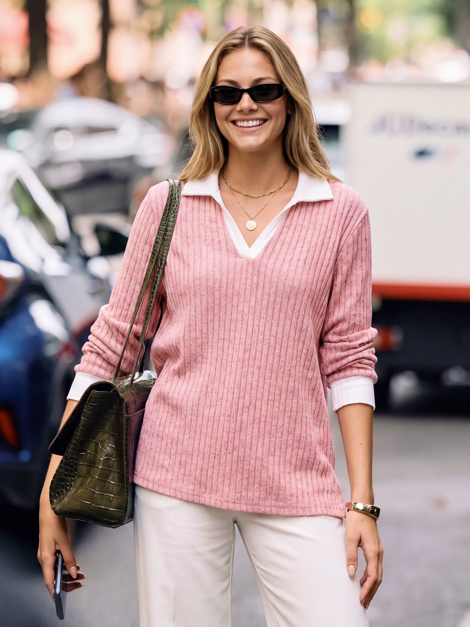 【Soft Layers】SHOWITTY Womens Long Sleeve Knit Polo Shirt Contrast Collar Soft Stretch Pullover Top Casual Blouse