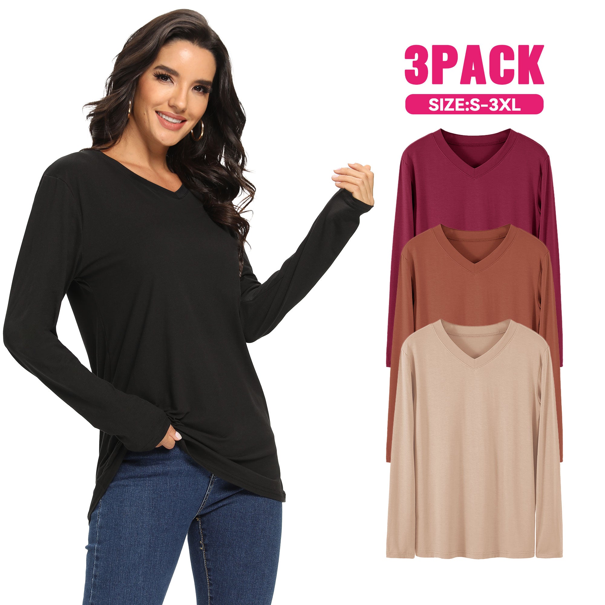 SHOWITTY Womens 3 Pack  Shirts - Plus Size V Neck Tops Basic Loose Fit Lightweight Casual Fall Fashion Clothes Womenswear Underwear Fabric Blouses