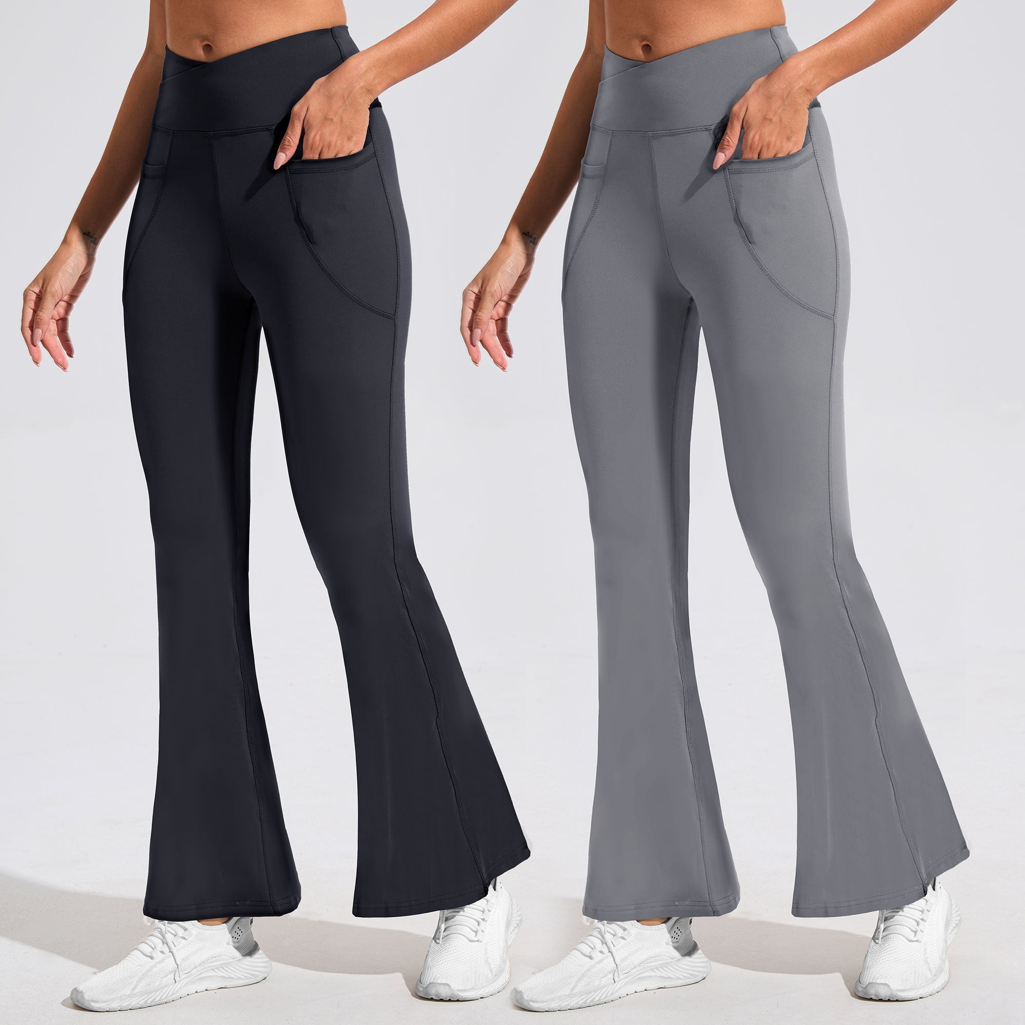 SHOWITTY 2-Pack Flare Leggings for Women with Pockets – Crossover High-Waisted Black Workout Yoga Pants