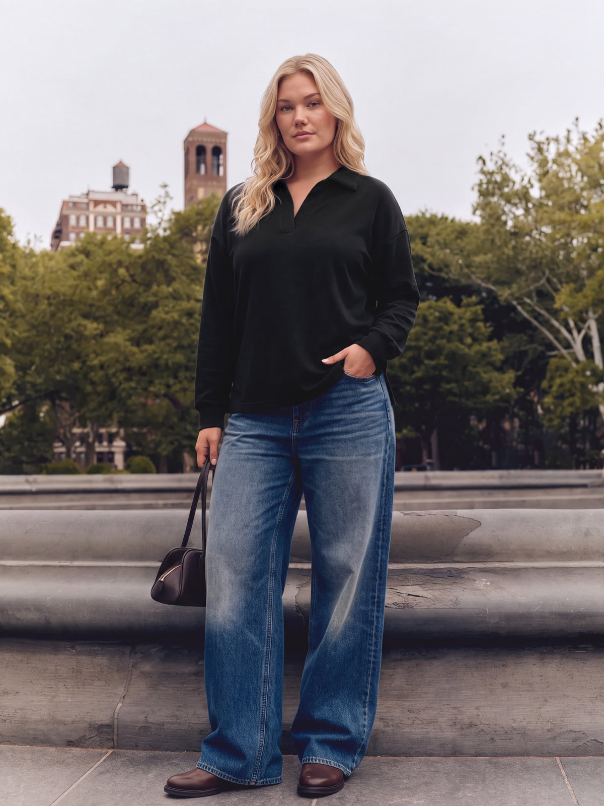 【Everyday Minimal】SHOWITTY Womens V Neck Polo Sweatshirt Long Sleeve Collared Pullover Top High Low Hem Casual Shirt