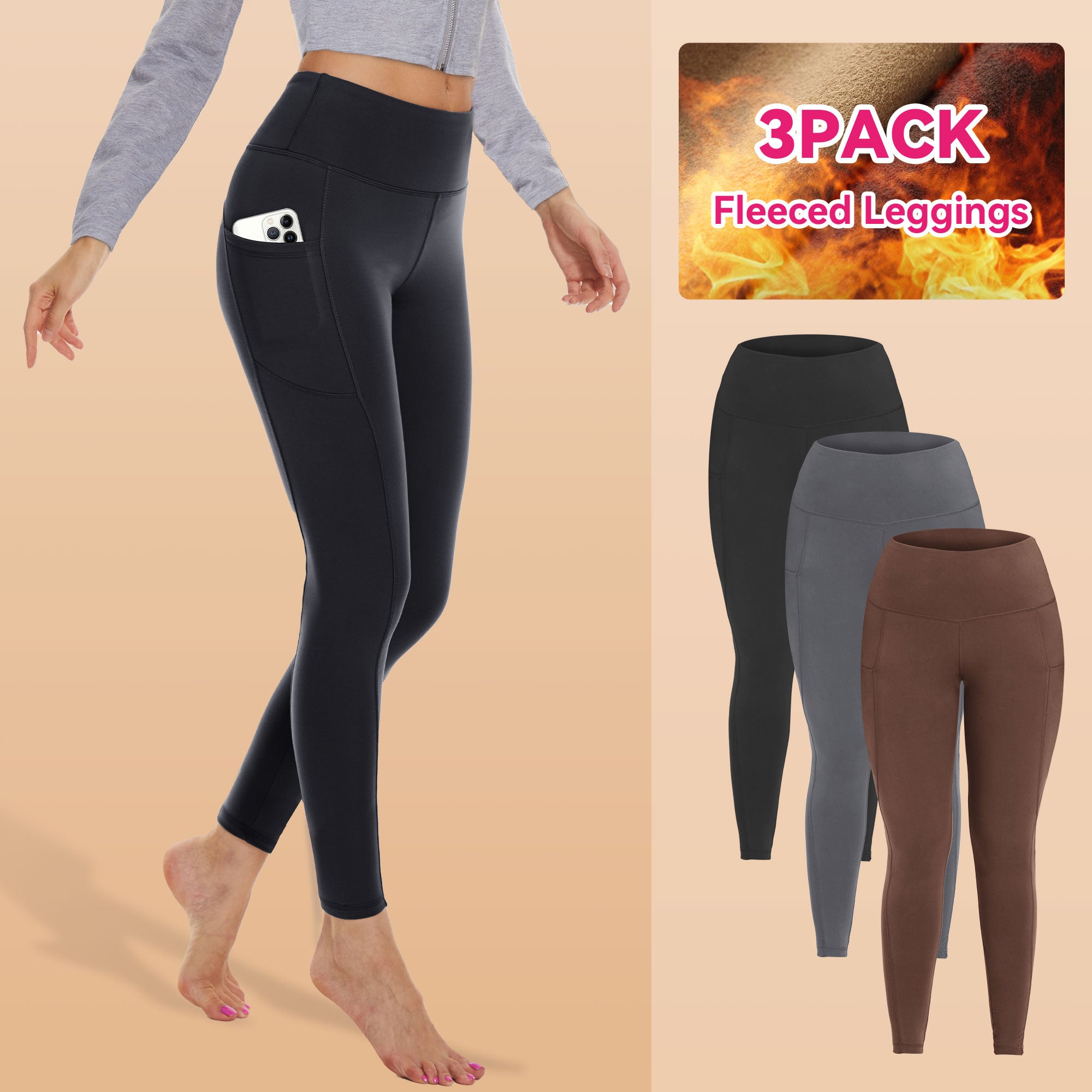 SHOWITTY 1/3 Pack Fleece Lined Leggings with Pockets for Women - Plus Size High Waist Tummy Control Soft Women's Yoga Pants for Workout Running