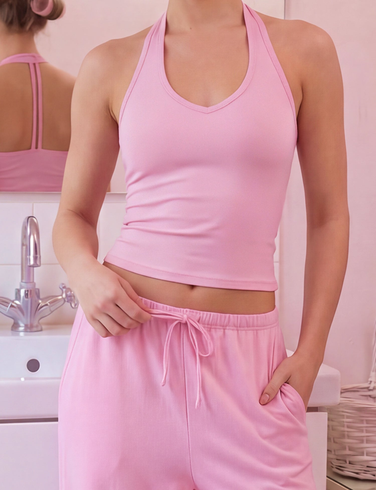 SHOWITTY Womens Athleisure 2 Piece Set, Built-In Bra Tank Top & Wide-Leg Pants with Pockets, Open Back Active Outfit