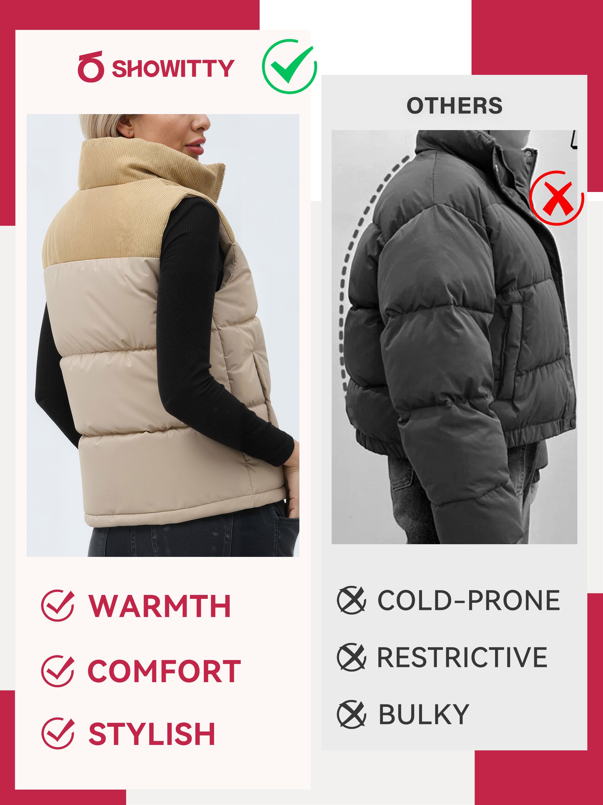 SHOWITTY Women’s Thickened Stand Collar Vest - C Warm Cotton-Padded Puffer Waistcoat for Fall & Winter, Windproof Casual Layering Outerwear