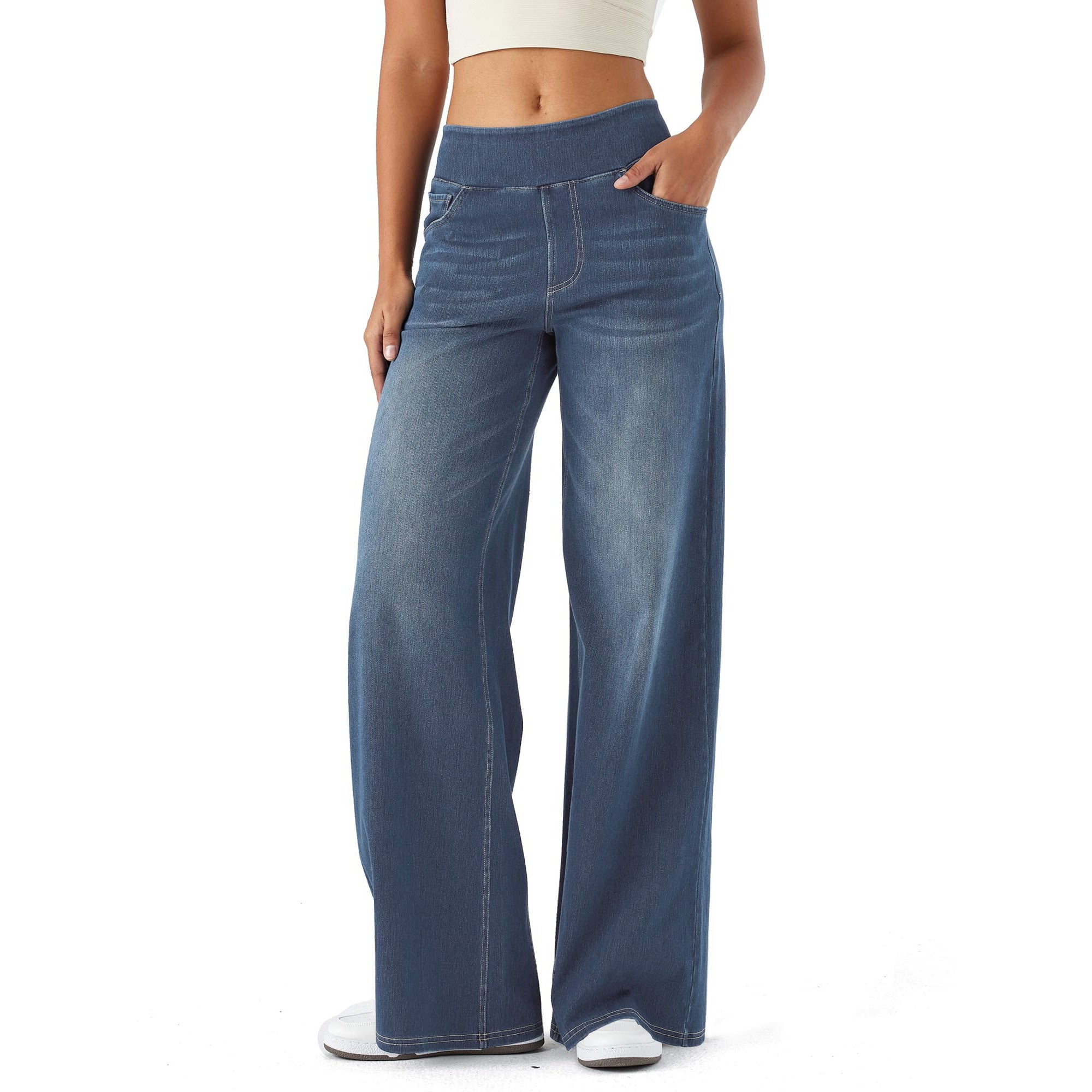 SHOWITTY Women’s High-Waisted Wide-Leg Jeans | Crossover Flared Jeans – Stretchy Denim Pants