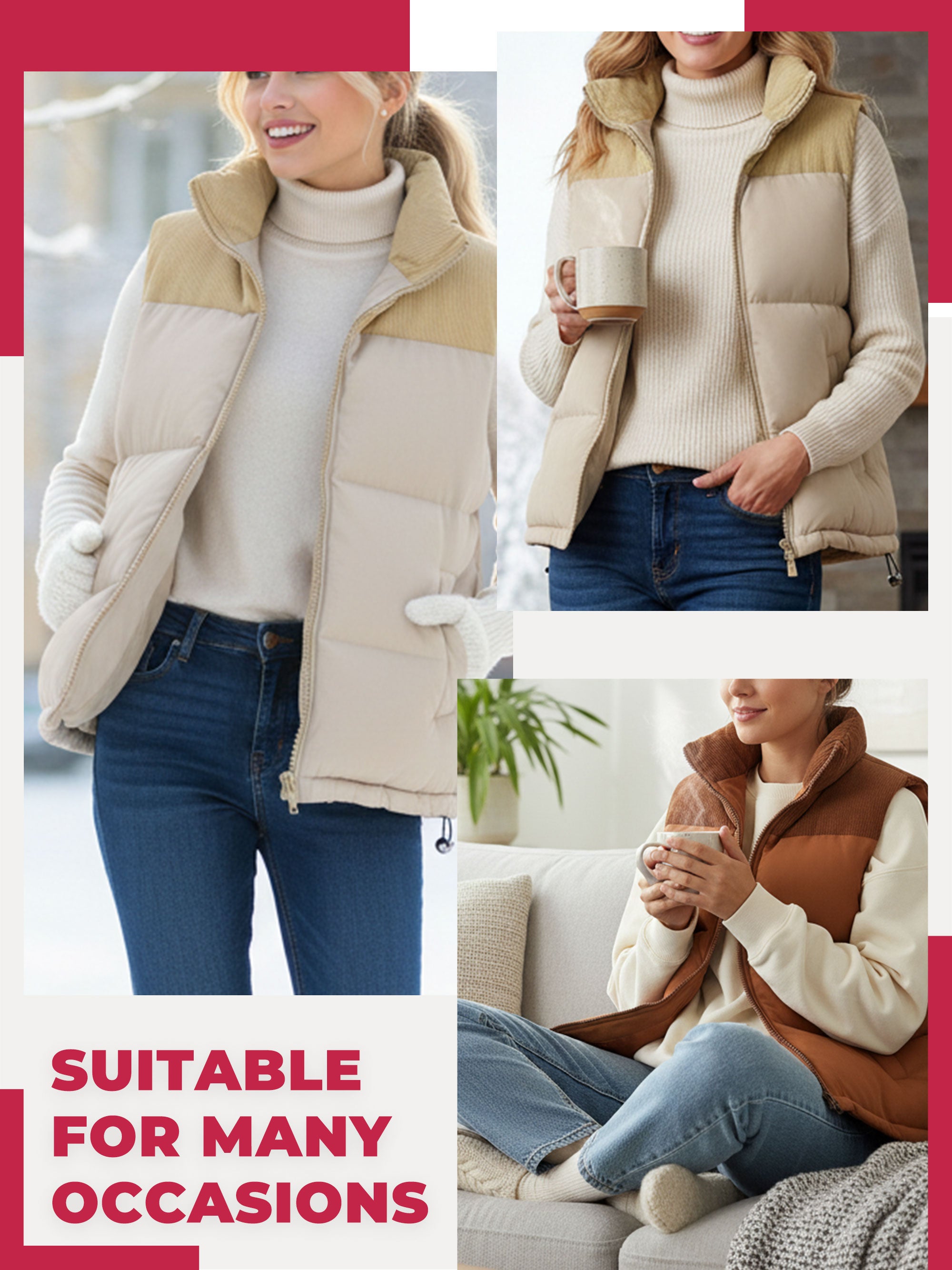 SHOWITTY Women’s Thickened Stand Collar Vest - C Warm Cotton-Padded Puffer Waistcoat for Fall & Winter, Windproof Casual Layering Outerwear