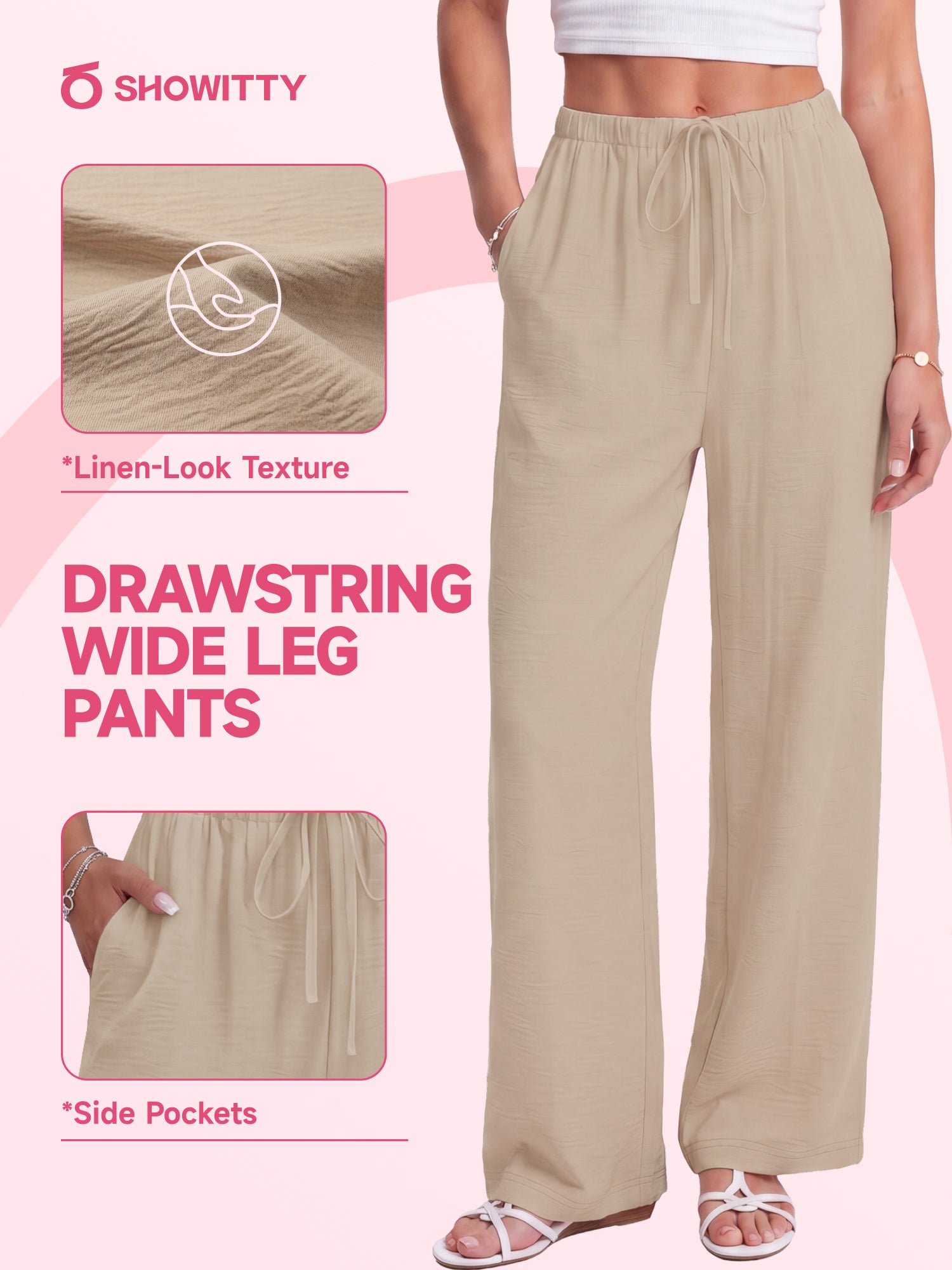 SHOWITTY Womens Linen-Look Wide Leg Palazzo Pants with Pockets Drawstring Summer Trousers