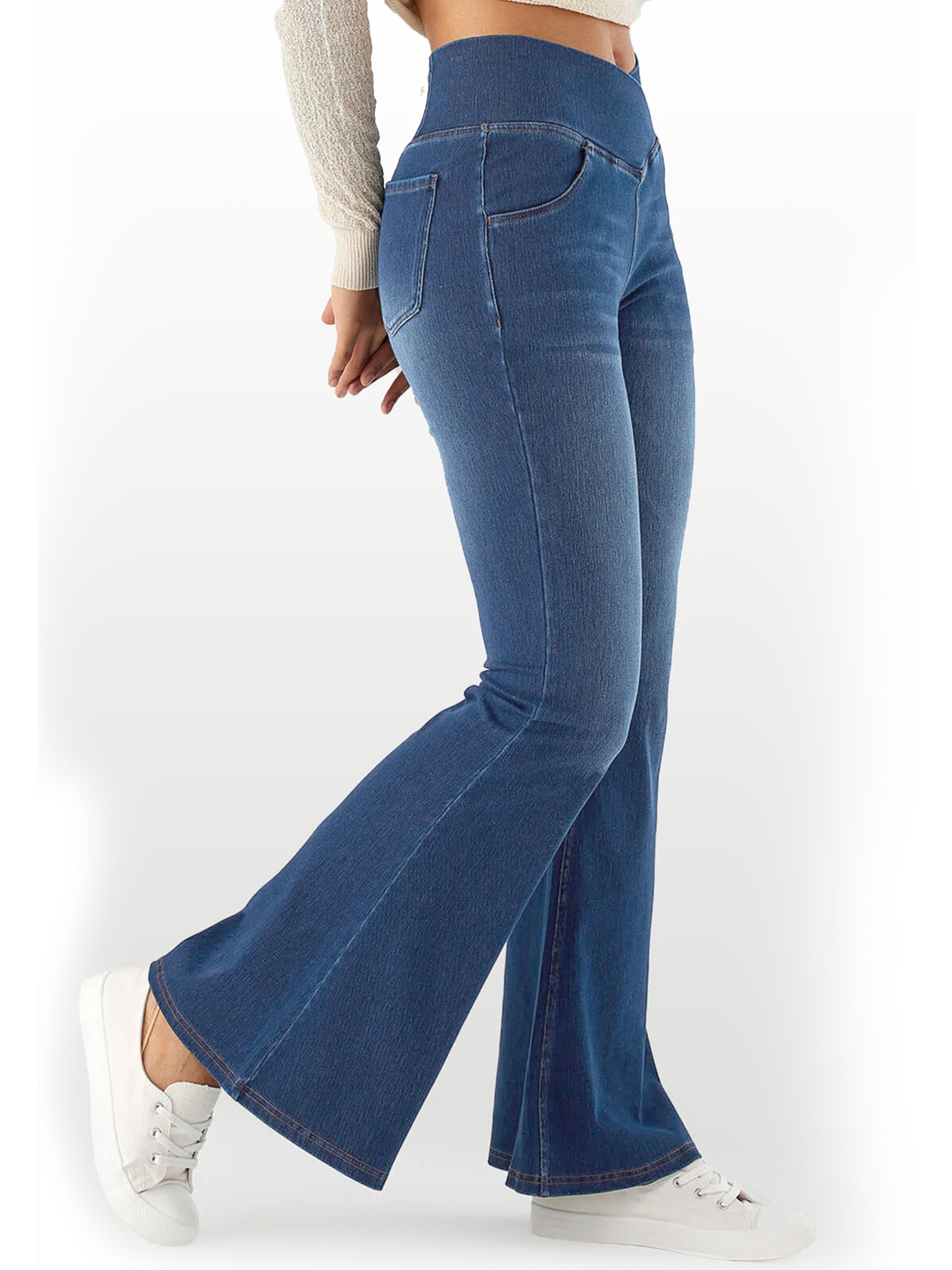 SHOWITTY Women’s High-Waisted Wide-Leg Jeans | Crossover Flared Jeans – Stretchy Denim Pants