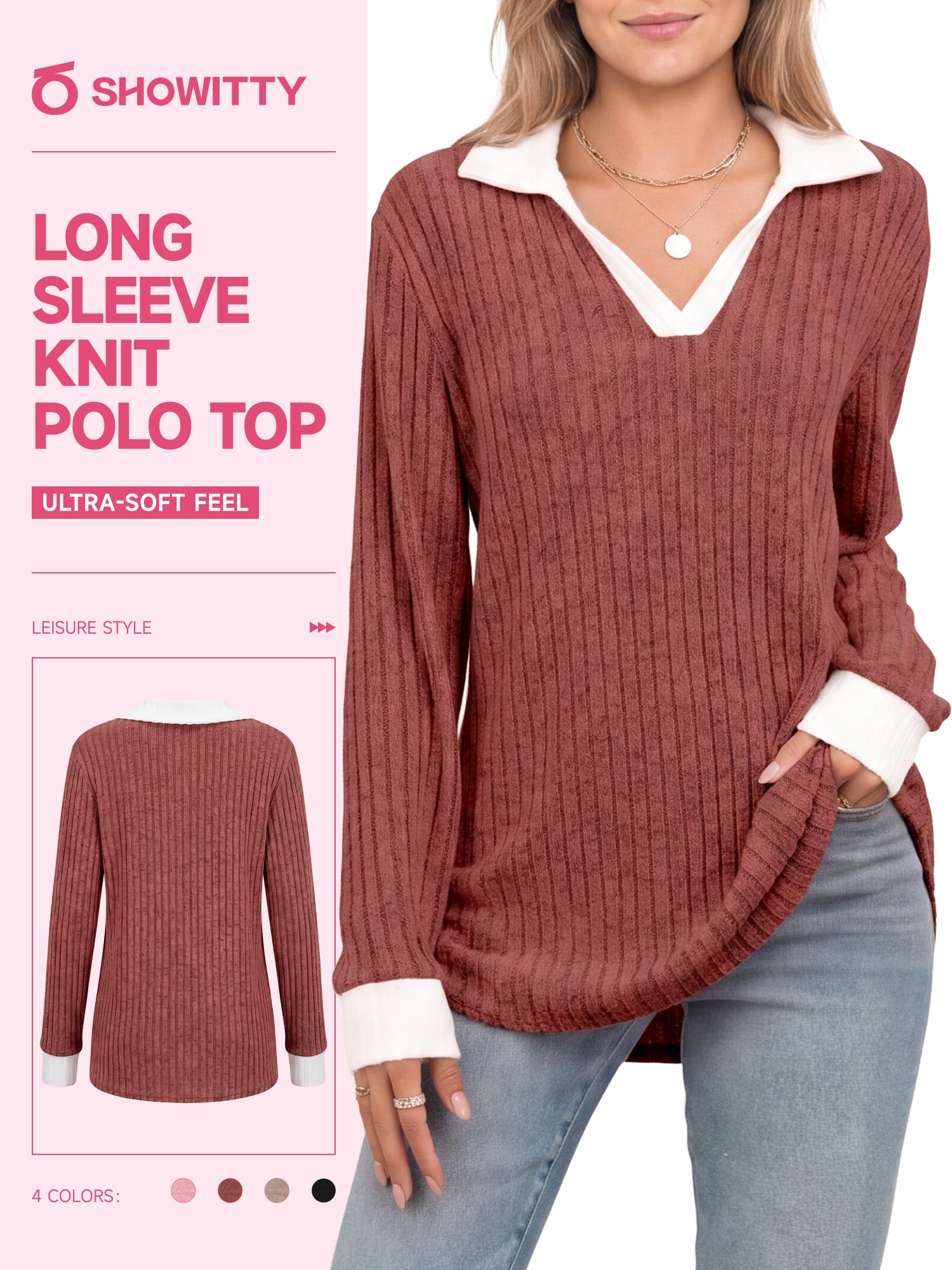 【Soft Layers】SHOWITTY Womens Long Sleeve Knit Polo Shirt Contrast Collar Soft Stretch Pullover Top Casual Blouse