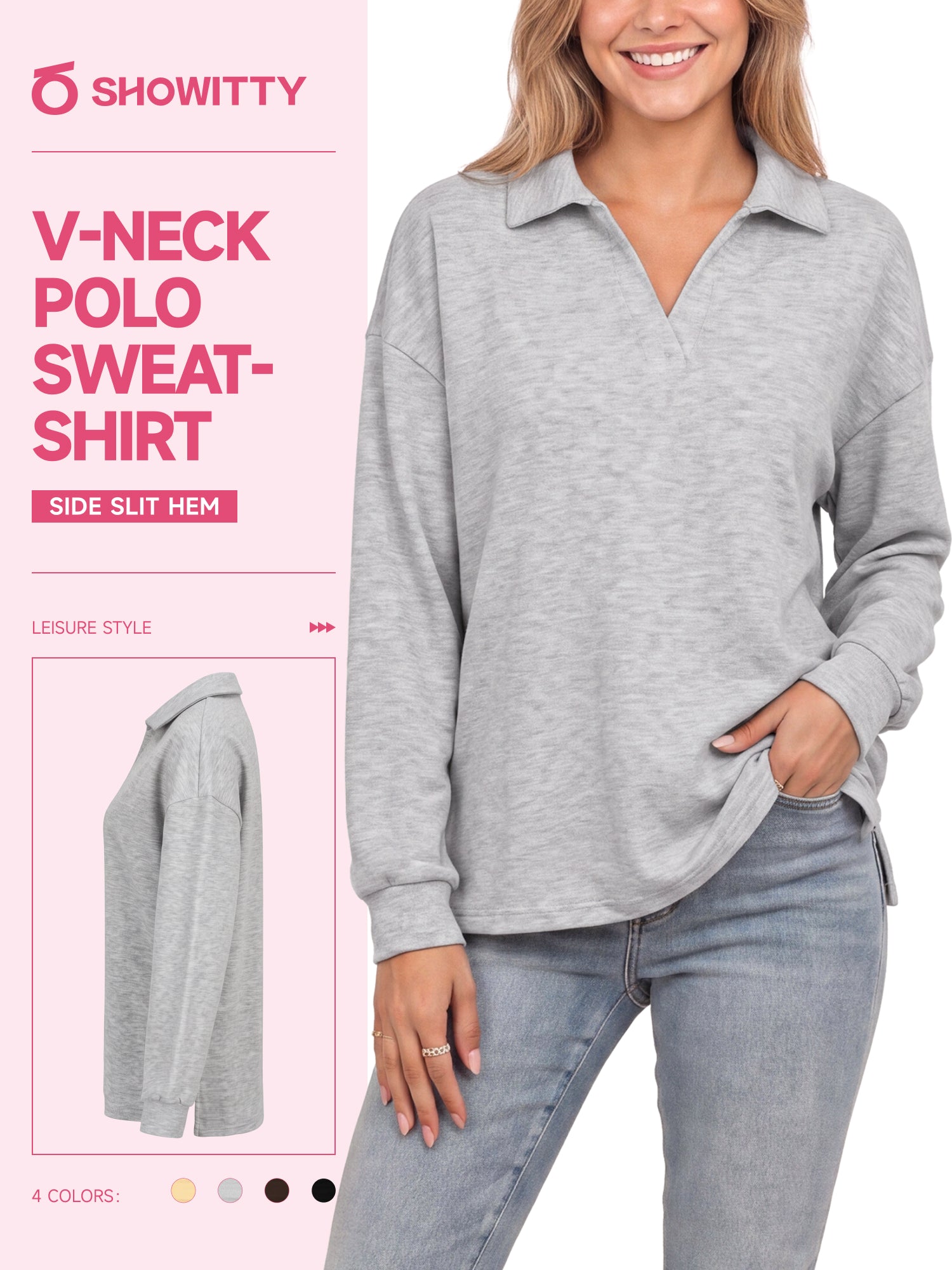 【Everyday Minimal】SHOWITTY Womens V Neck Polo Sweatshirt Long Sleeve Collared Pullover Top High Low Hem Casual Shirt