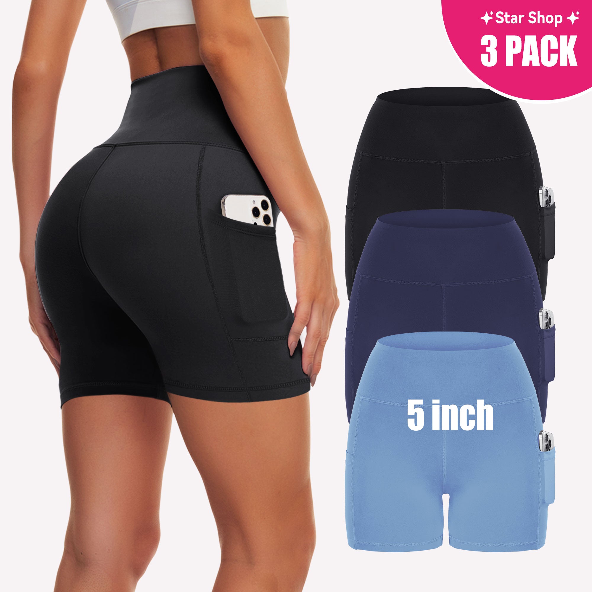 SHOWITTY 3 Pack 5" Plus Size Biker Shorts Women with Pockets