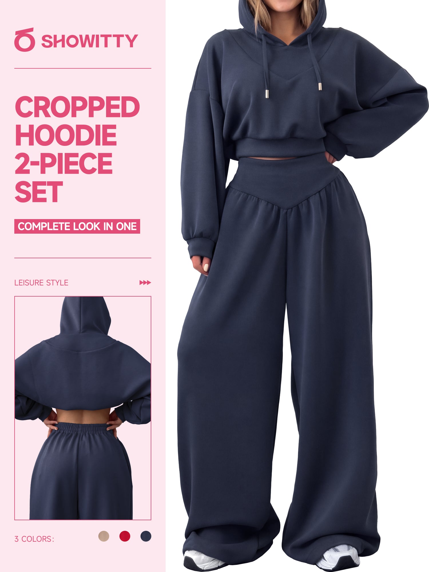 【Ready Together】SHOWITTY Womens Cropped Hoodie Pants Set V Neck Wide Leg Lounge Set Lightweight Casual Two Piece Outfit