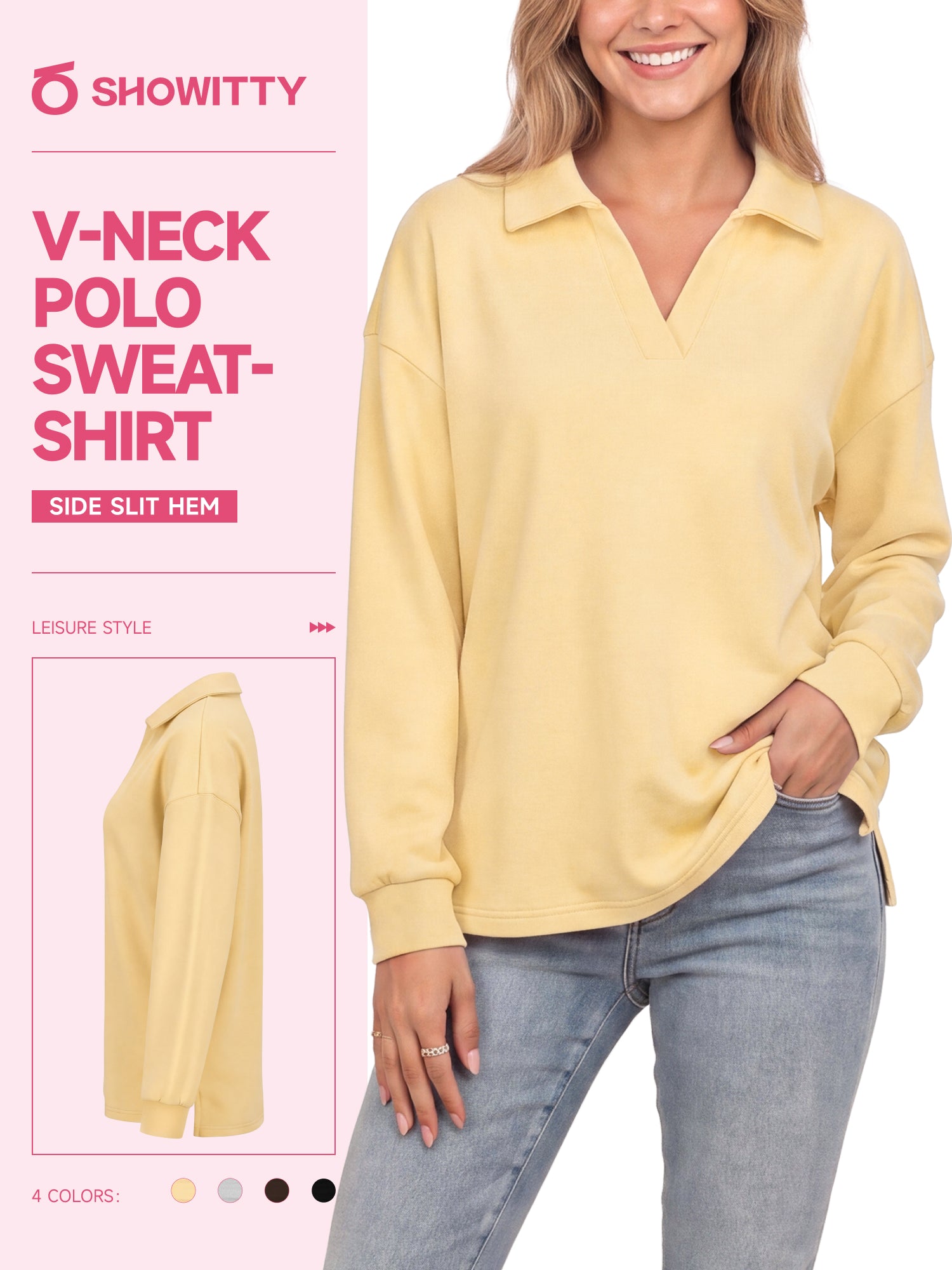 【Everyday Minimal】SHOWITTY Womens V Neck Polo Sweatshirt Long Sleeve Collared Pullover Top High Low Hem Casual Shirt