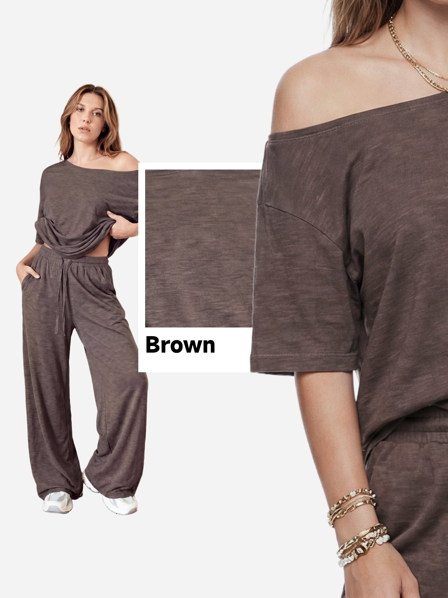 SHOWITTY Womens 2 Piece Outfit, One Shoulder Top Drawstring Wide Leg Pants with Pockets Street wear Set
