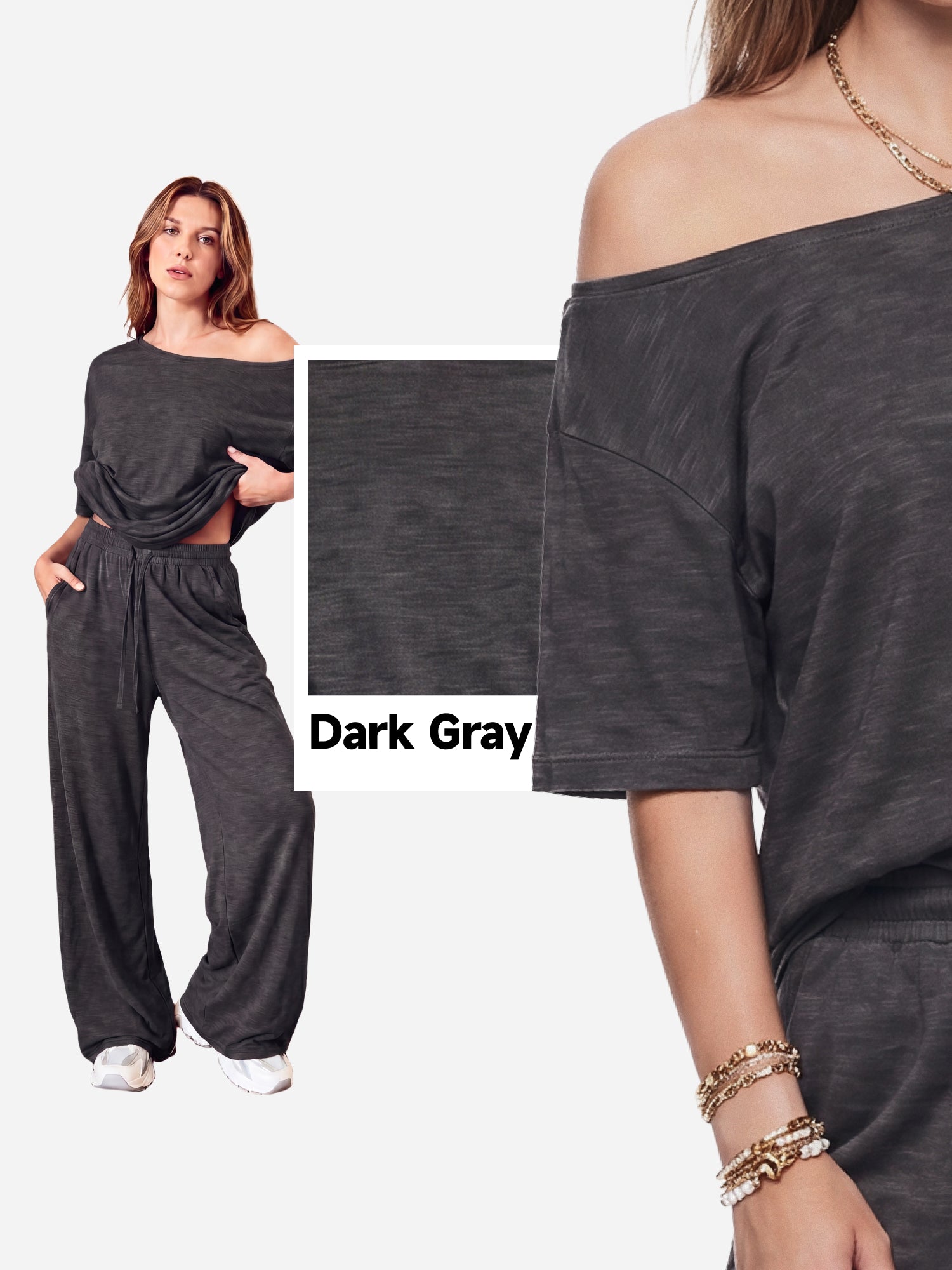 SHOWITTY Womens 2 Piece Outfit, One Shoulder Top Drawstring Wide Leg Pants with Pockets Street wear Set
