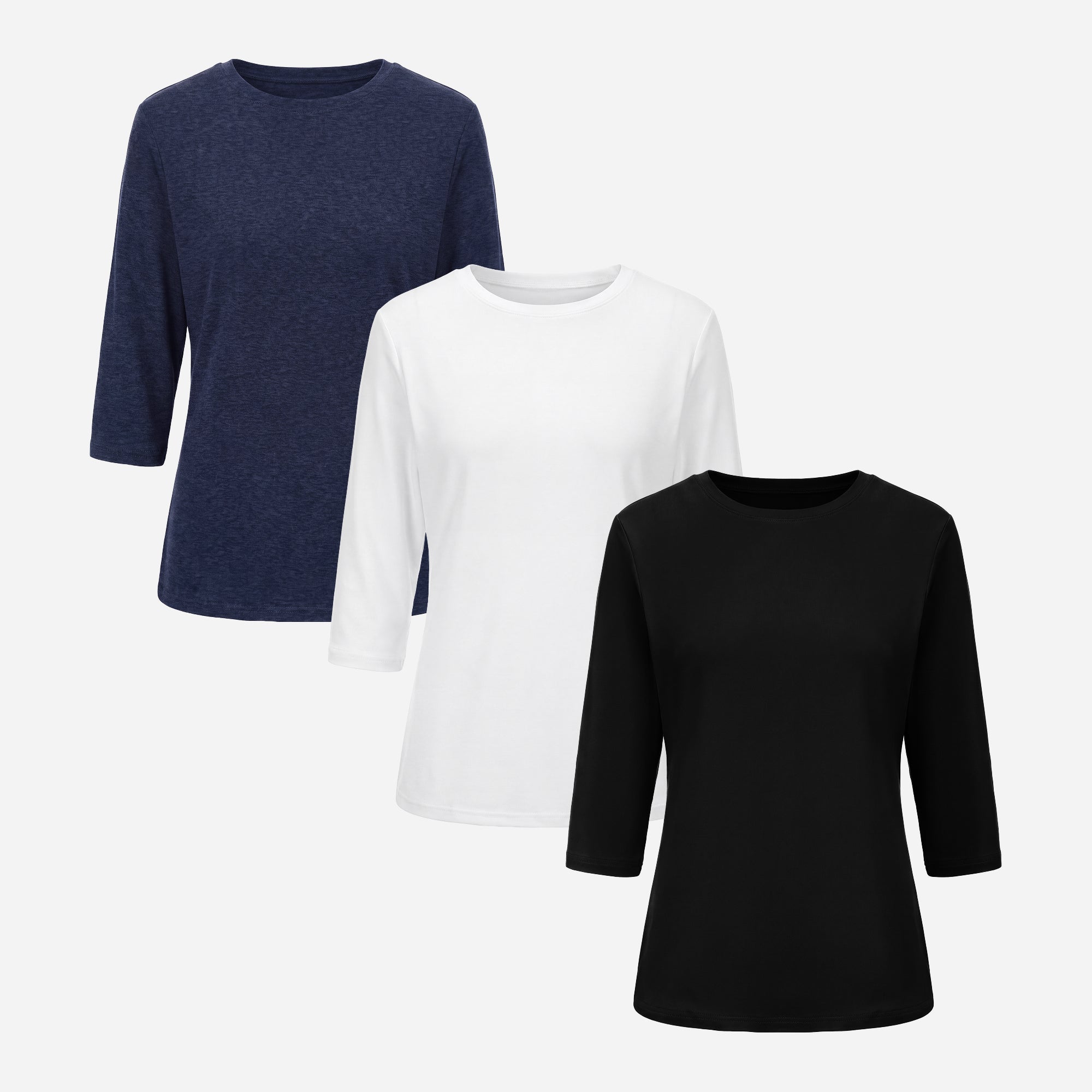 【Everyday Minimal】SHOWITTY Womens 3 Pack 3/4 Sleeve Tops Crew Neck Basic T Shirts Soft Stretch Casual Everyday Shirts