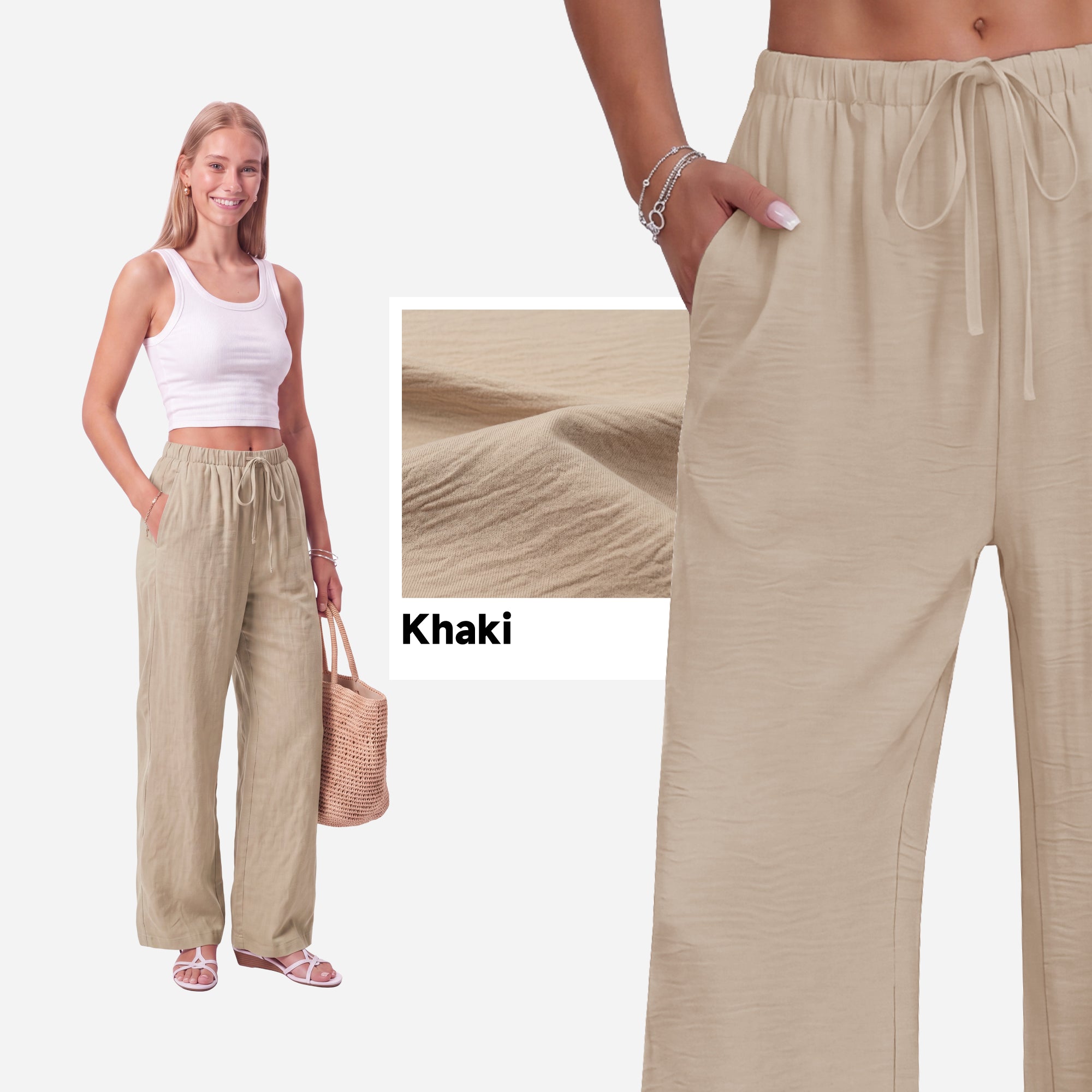SHOWITTY Womens Linen-Look Wide Leg Palazzo Pants with Pockets Drawstring Summer Trousers