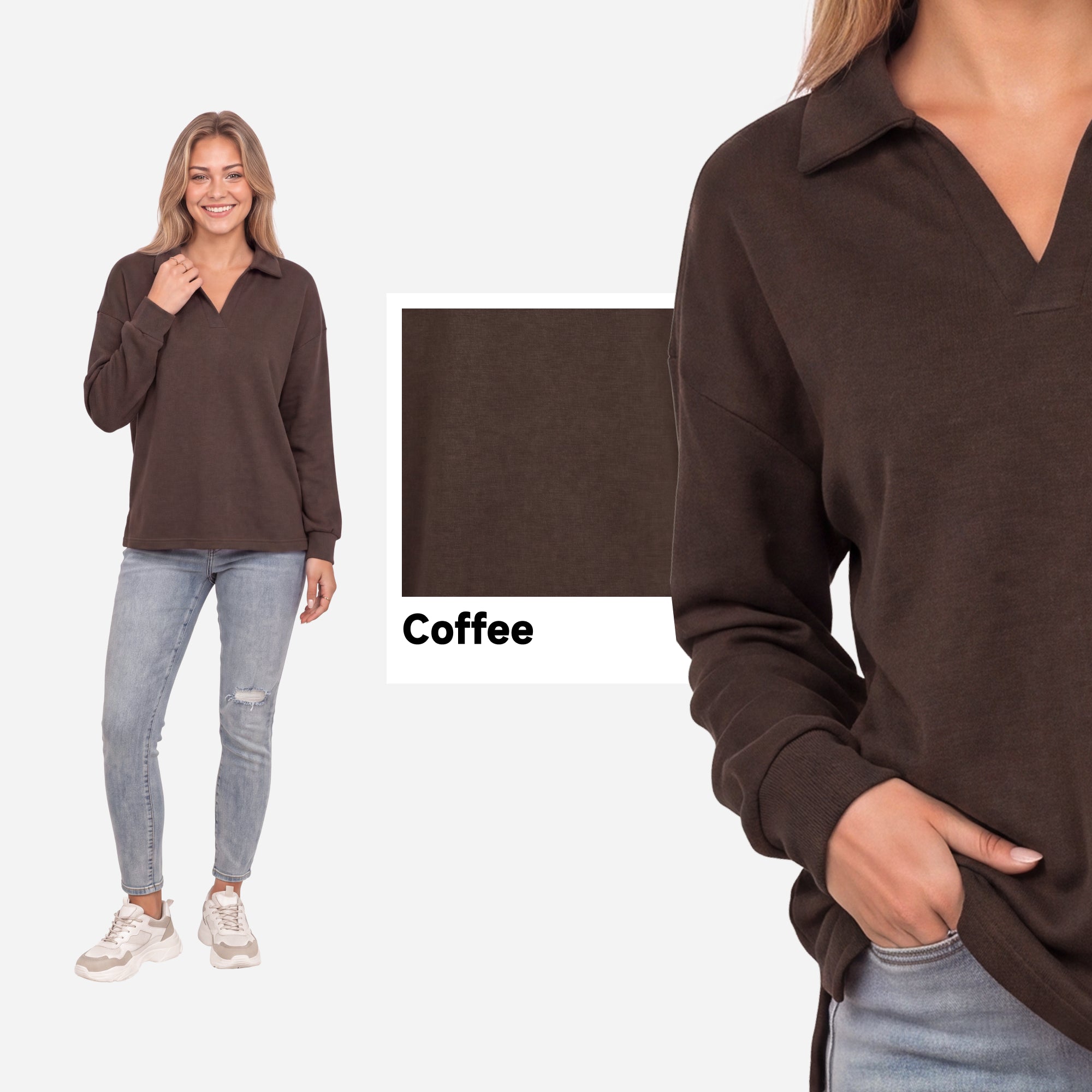 【Everyday Minimal】SHOWITTY Womens V Neck Polo Sweatshirt Long Sleeve Collared Pullover Top High Low Hem Casual Shirt