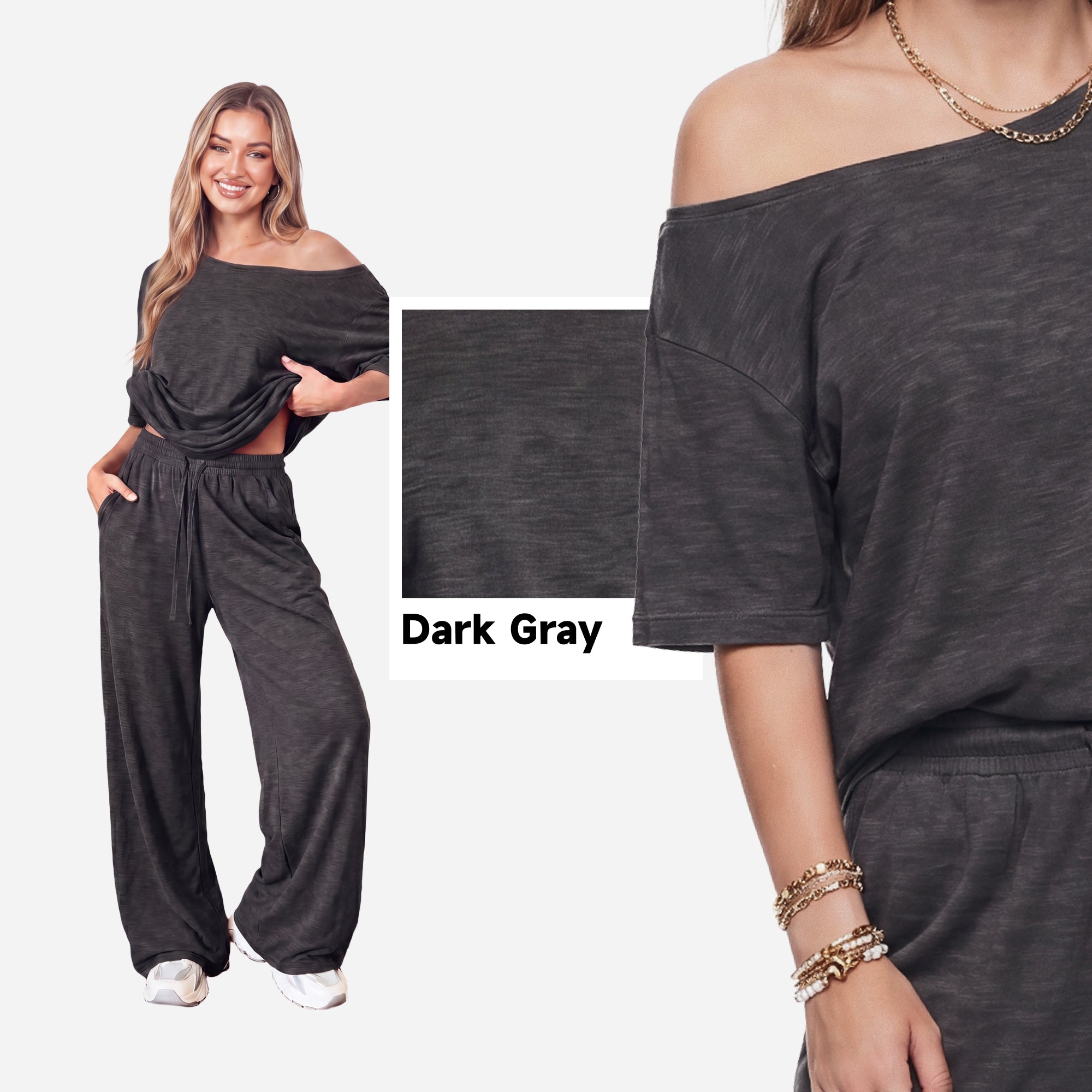 SHOWITTY Womens 2 Piece Outfit, One Shoulder Top Drawstring Wide Leg Pants with Pockets Street wear Set