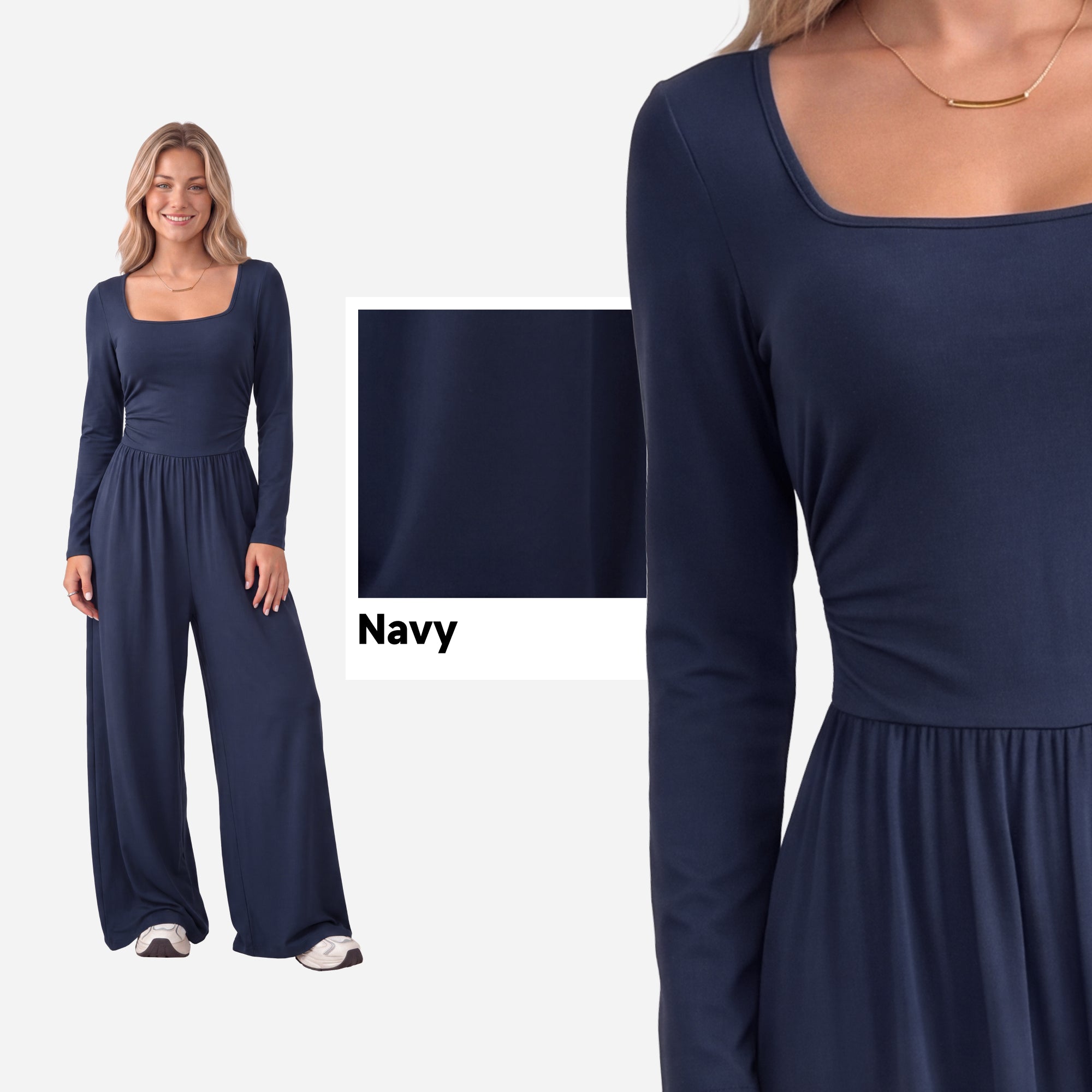 【One & Done】SHOWITTY Womens Long Sleeve Wide Leg Jumpsuit Square Neck Stretchy One Piece Outfit Casual Romper