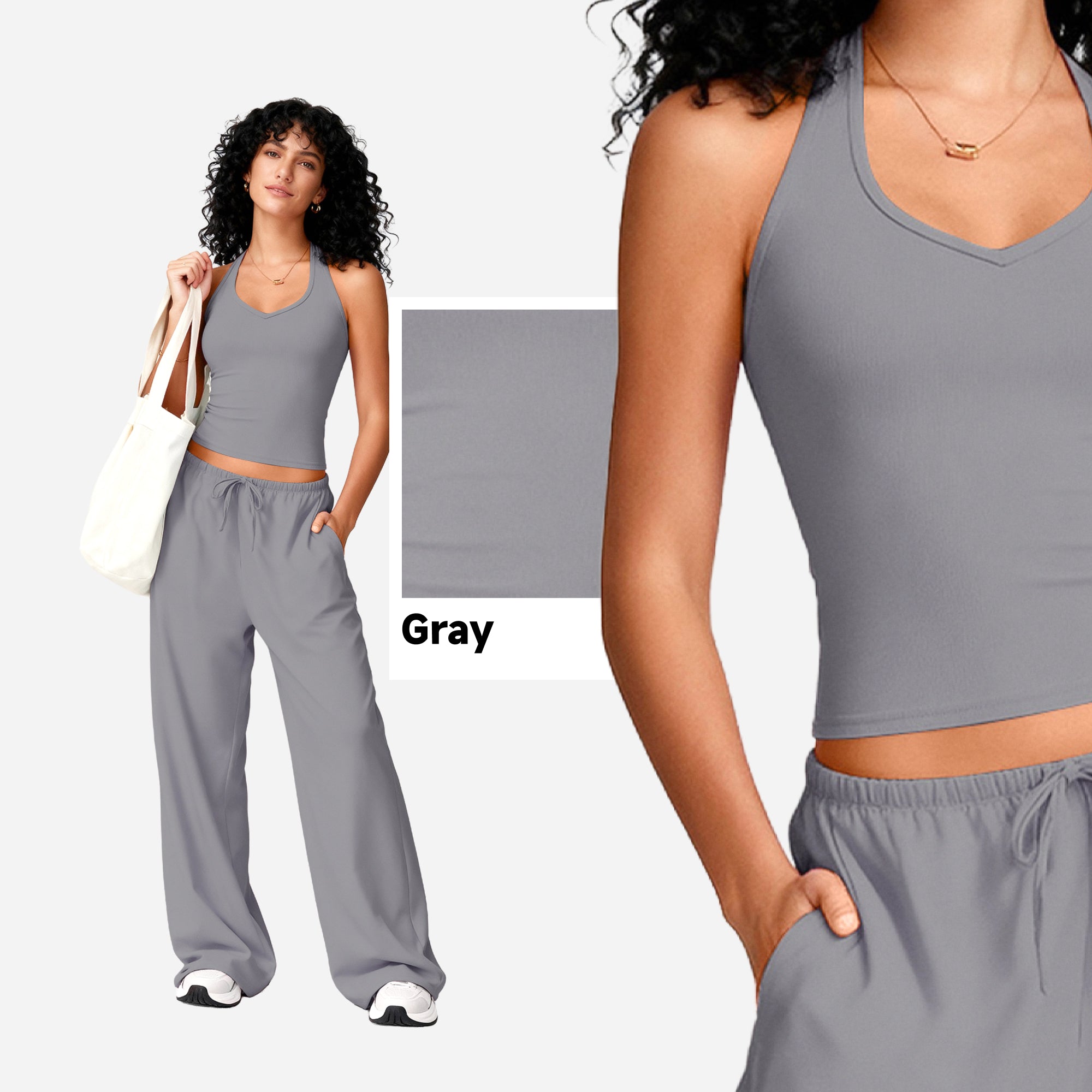SHOWITTY Womens Athleisure 2 Piece Set, Built-In Bra Tank Top & Wide-Leg Pants with Pockets, Open Back Active Outfit