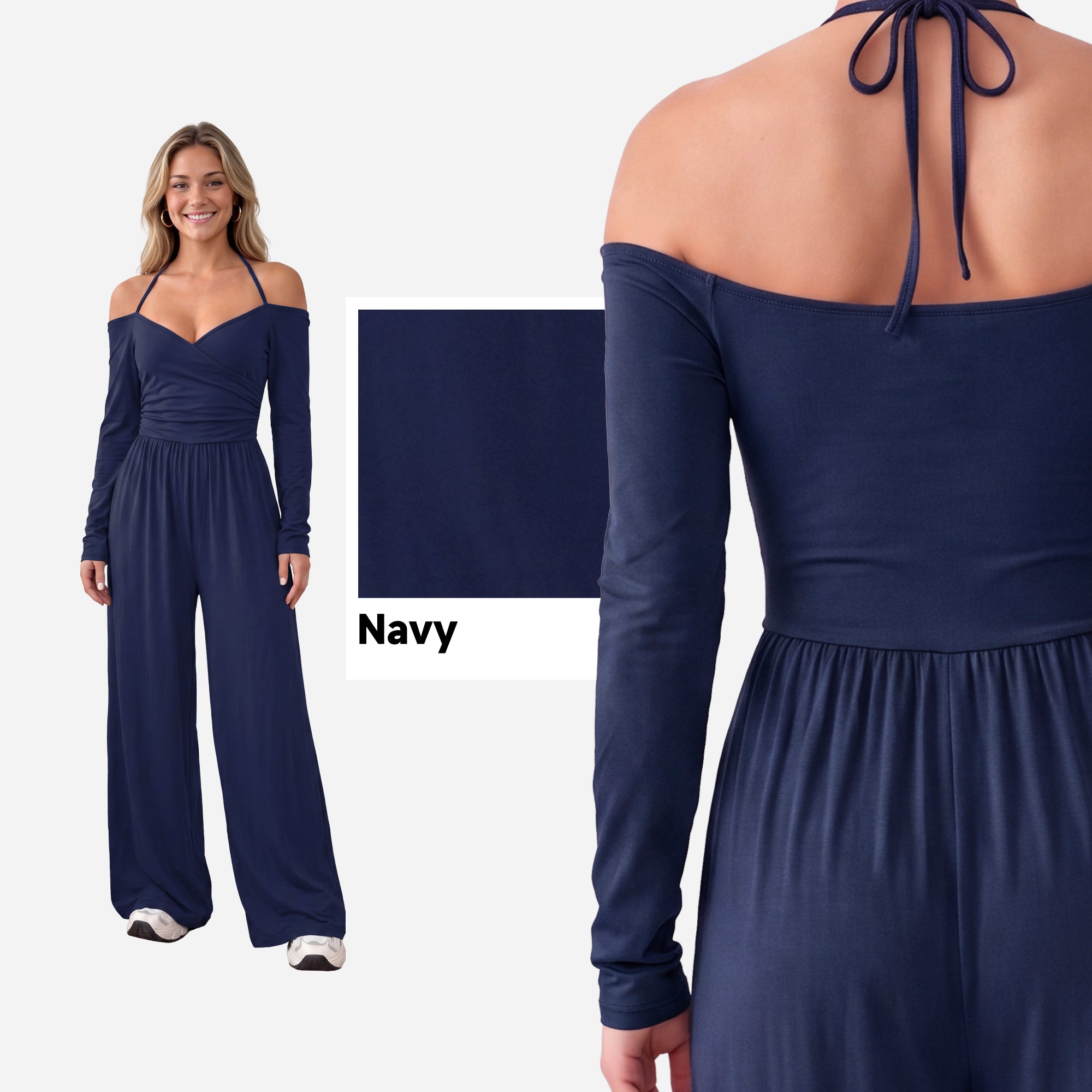 【One & Done】SHOWITTY Womens Long Sleeve Wide Leg Jumpsuit Off Shoulder One Piece Outfit Stretchy Casual Romper