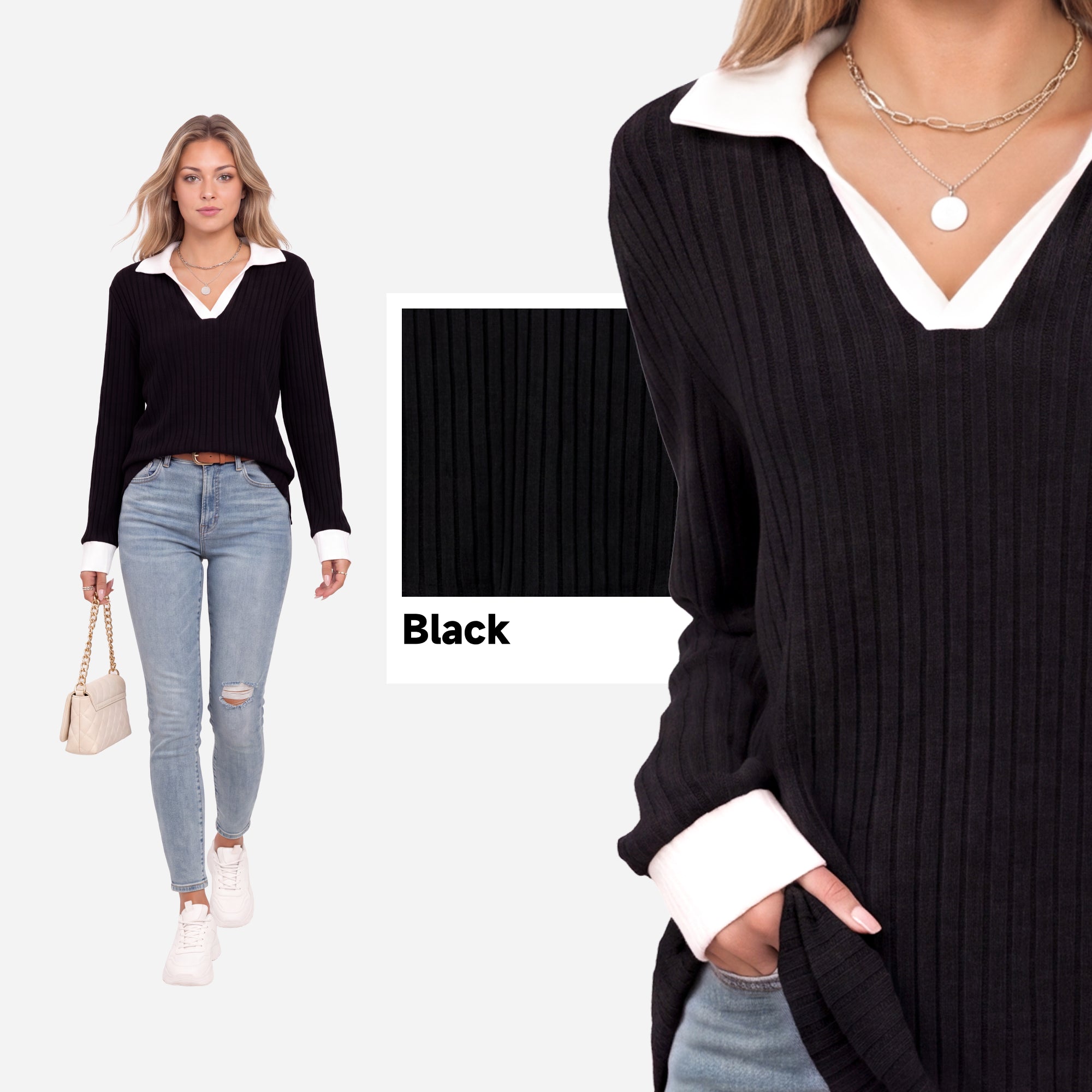 【Soft Layers】SHOWITTY Womens Long Sleeve Knit Polo Shirt Contrast Collar Soft Stretch Pullover Top Casual Blouse