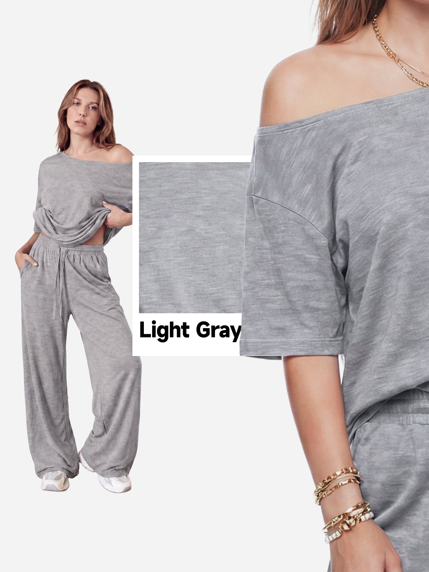 SHOWITTY Womens 2 Piece Outfit, One Shoulder Top Drawstring Wide Leg Pants with Pockets Street wear Set