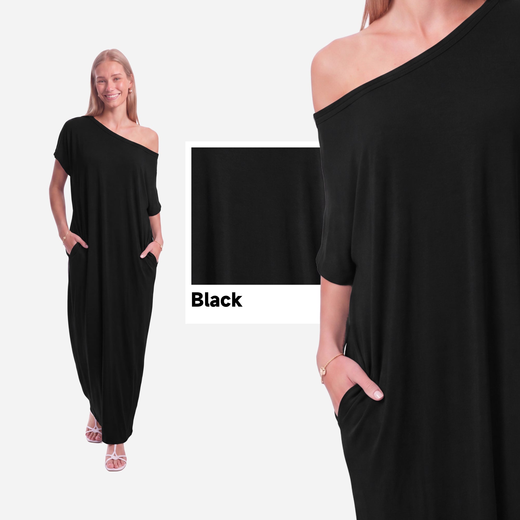 SHOWITTY Womens One Shoulder Batwing Sleeve Casual Dress with Hidden Pockets Soft Stretch Summer Dress
