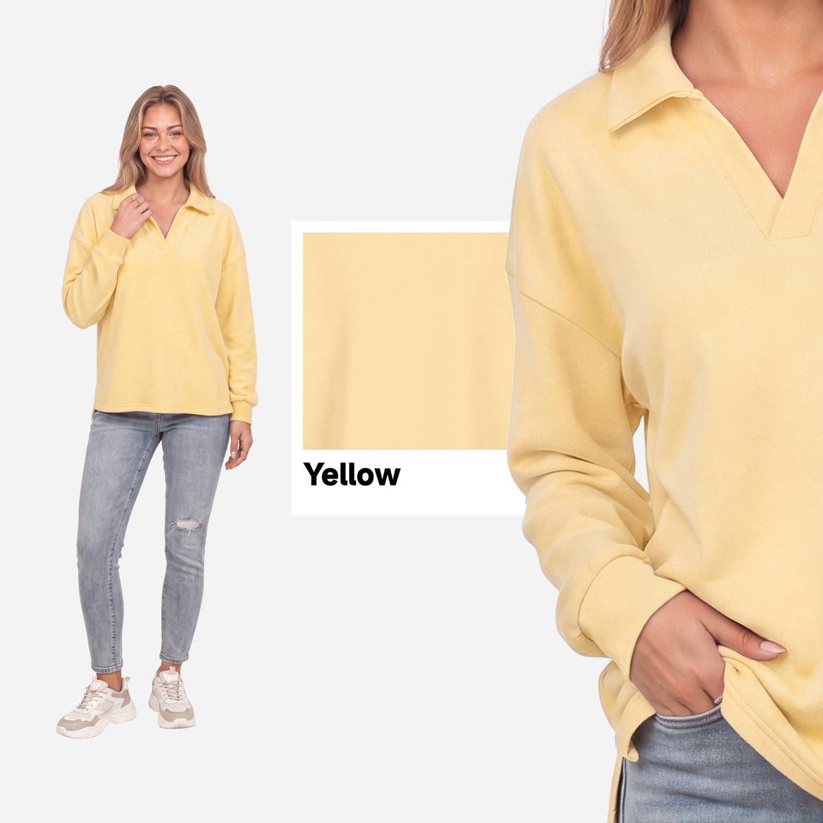 【Everyday Minimal】SHOWITTY Womens V Neck Polo Sweatshirt Long Sleeve Collared Pullover Top High Low Hem Casual Shirt
