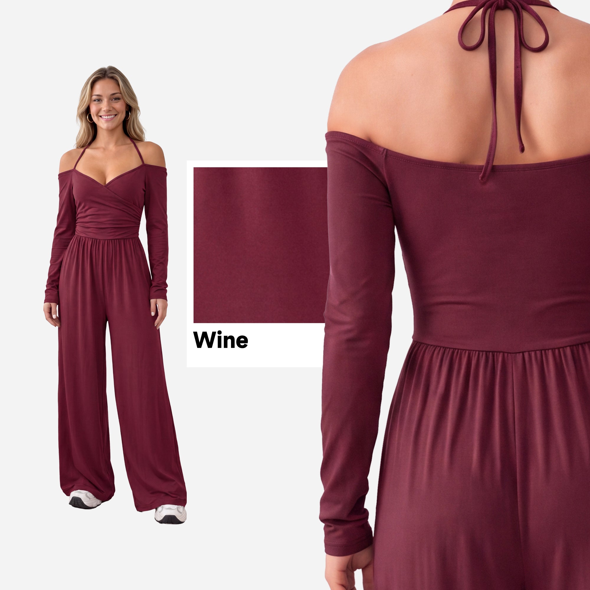 【One & Done】SHOWITTY Womens Long Sleeve Wide Leg Jumpsuit Off Shoulder One Piece Outfit Stretchy Casual Romper