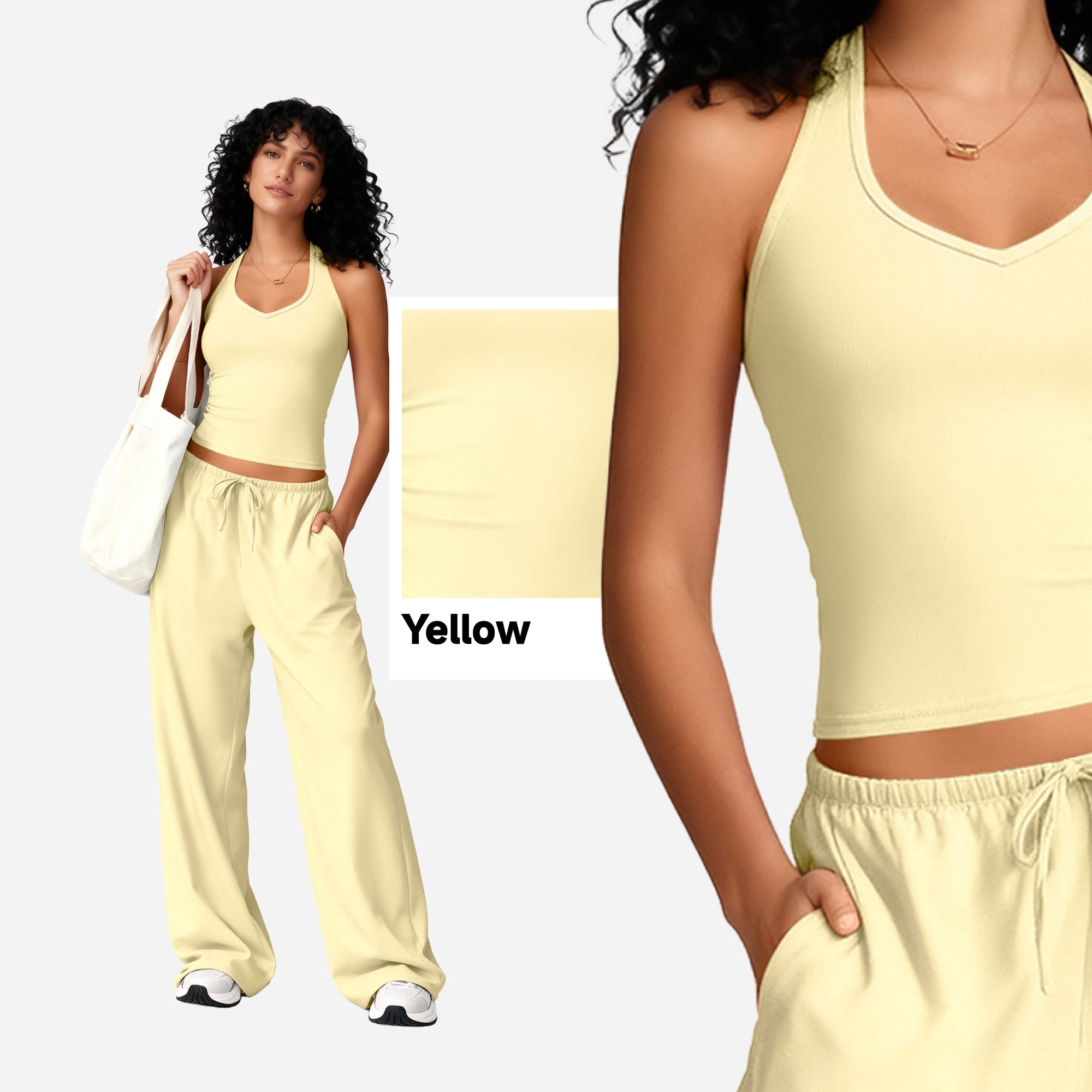 SHOWITTY Womens Athleisure 2 Piece Set, Built-In Bra Tank Top & Wide-Leg Pants with Pockets, Open Back Active Outfit