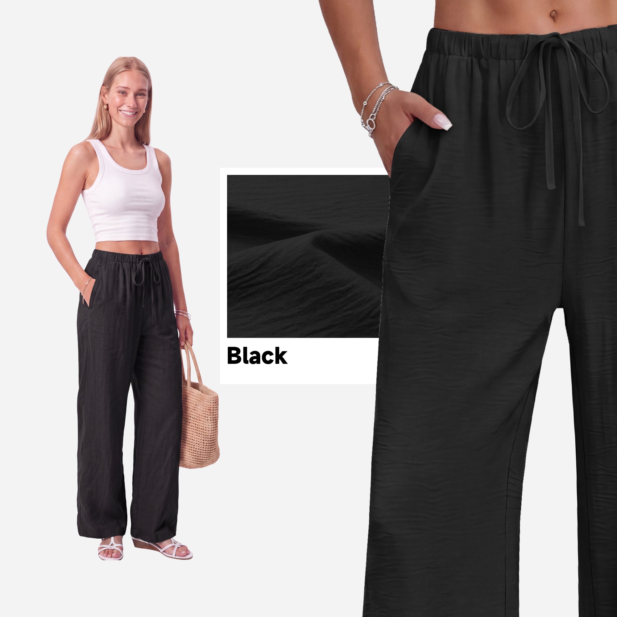 SHOWITTY Womens Linen-Look Wide Leg Palazzo Pants with Pockets Drawstring Summer Trousers