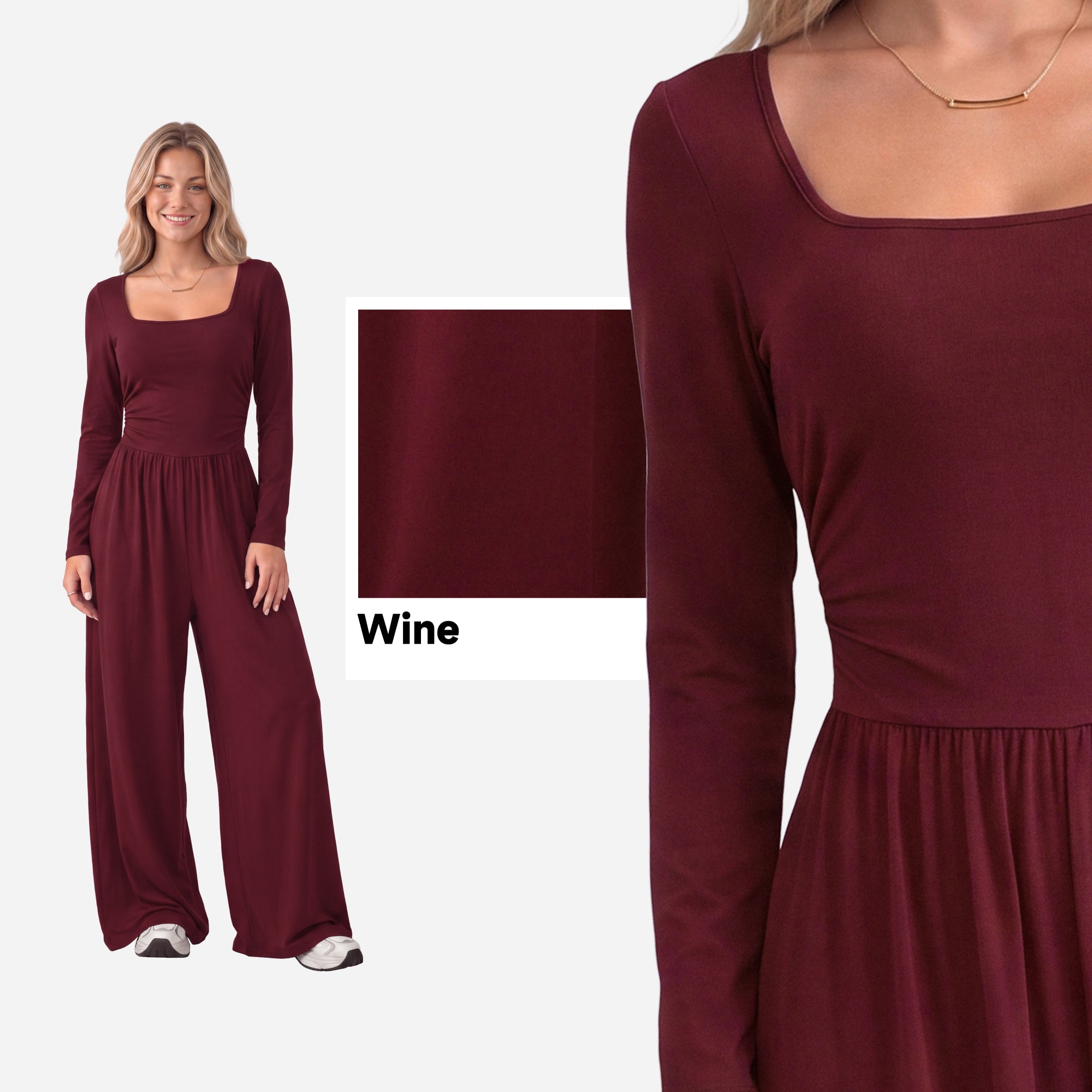 【One & Done】SHOWITTY Womens Long Sleeve Wide Leg Jumpsuit Square Neck Stretchy One Piece Outfit Casual Romper