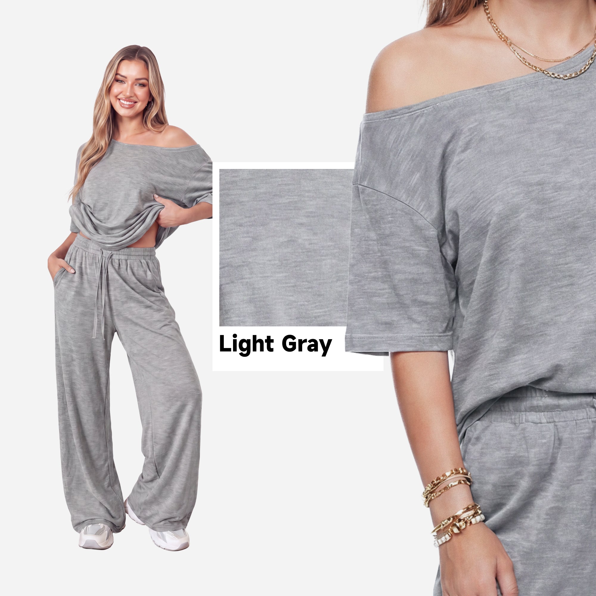 SHOWITTY Womens 2 Piece Outfit, One Shoulder Top Drawstring Wide Leg Pants with Pockets Street wear Set