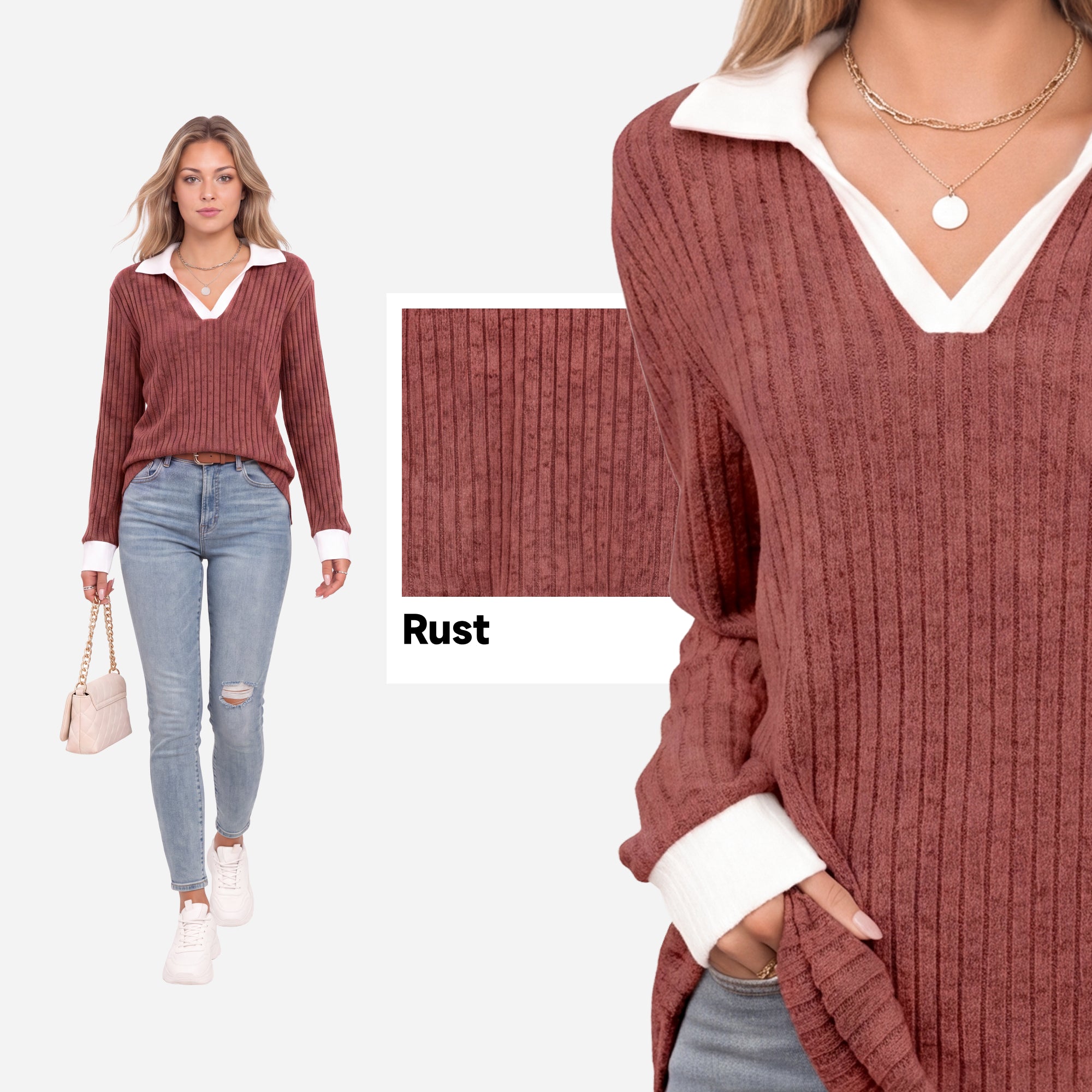 【Soft Layers】SHOWITTY Womens Long Sleeve Knit Polo Shirt Contrast Collar Soft Stretch Pullover Top Casual Blouse