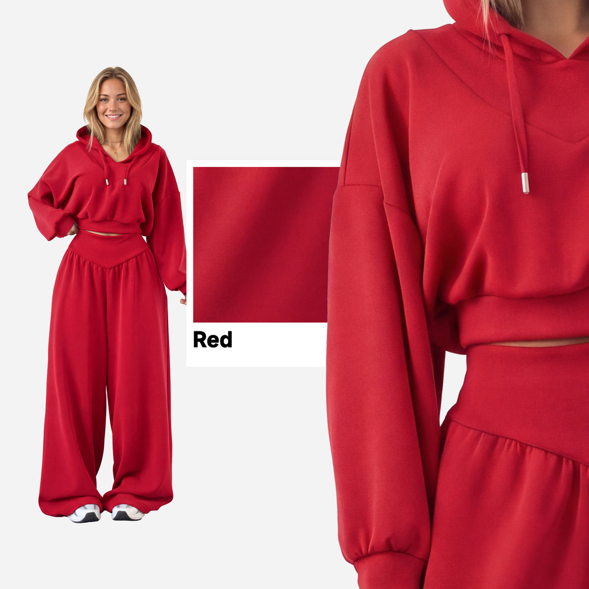 【Ready Together】SHOWITTY Womens Cropped Hoodie Pants Set V Neck Wide Leg Lounge Set Lightweight Casual Two Piece Outfit