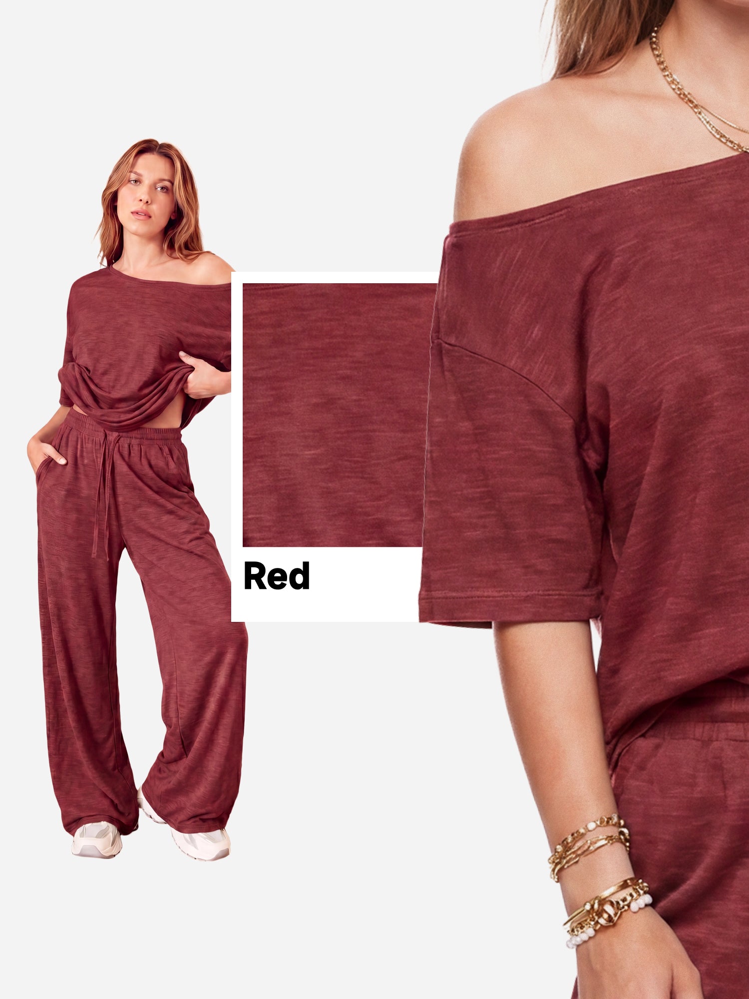 SHOWITTY Womens 2 Piece Outfit, One Shoulder Top Drawstring Wide Leg Pants with Pockets Street wear Set