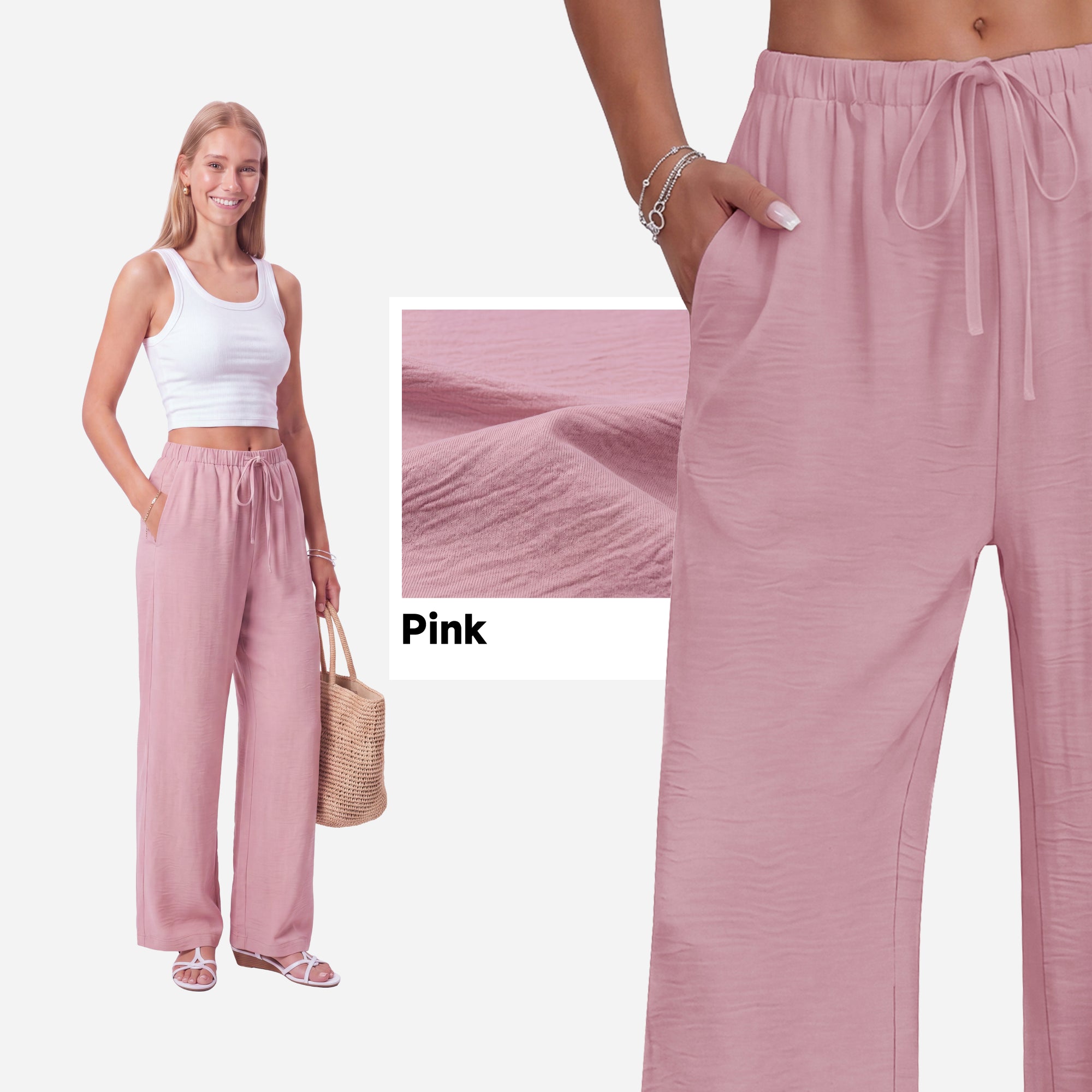 SHOWITTY Womens Linen-Look Wide Leg Palazzo Pants with Pockets Drawstring Summer Trousers