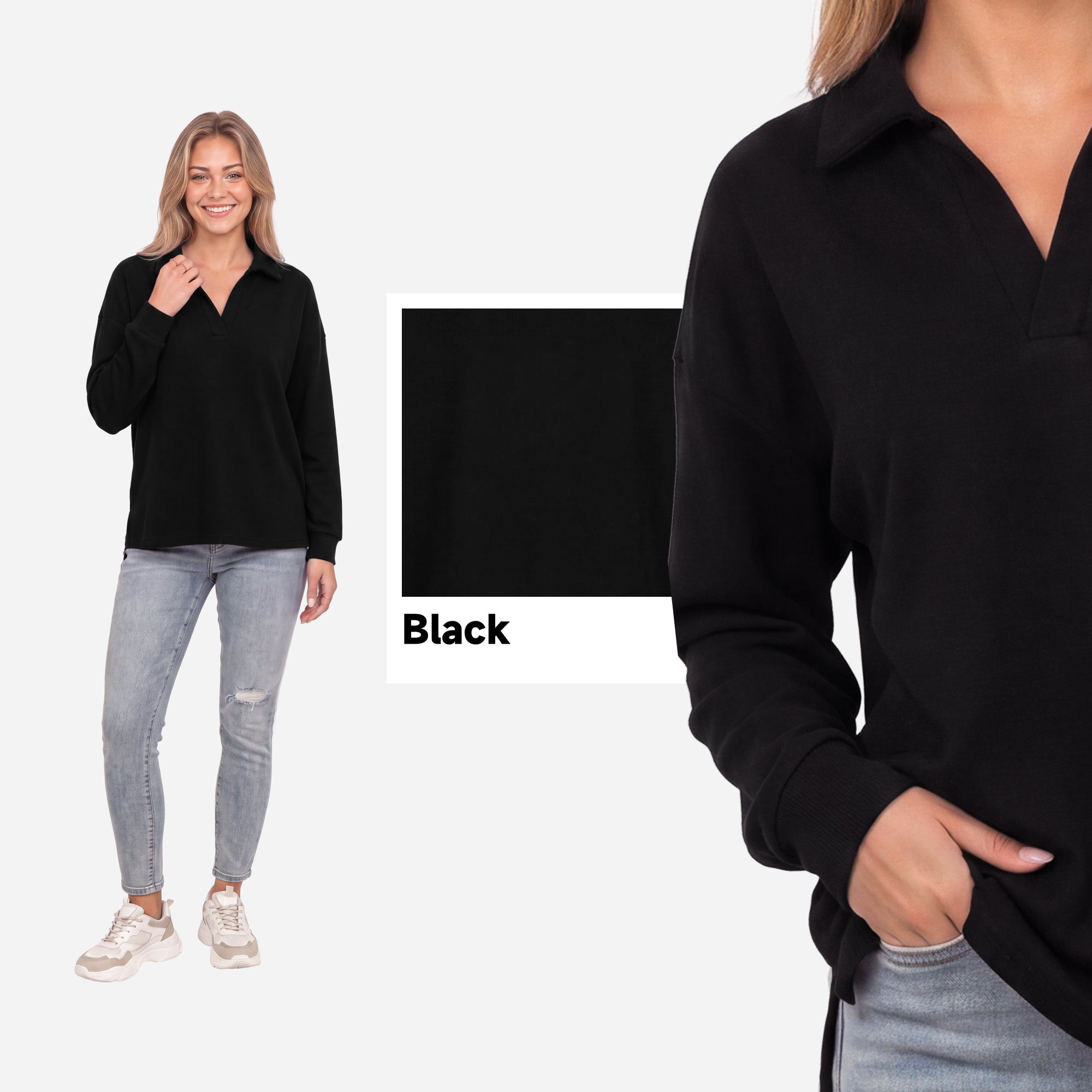 【Everyday Minimal】SHOWITTY Womens V Neck Polo Sweatshirt Long Sleeve Collared Pullover Top High Low Hem Casual Shirt
