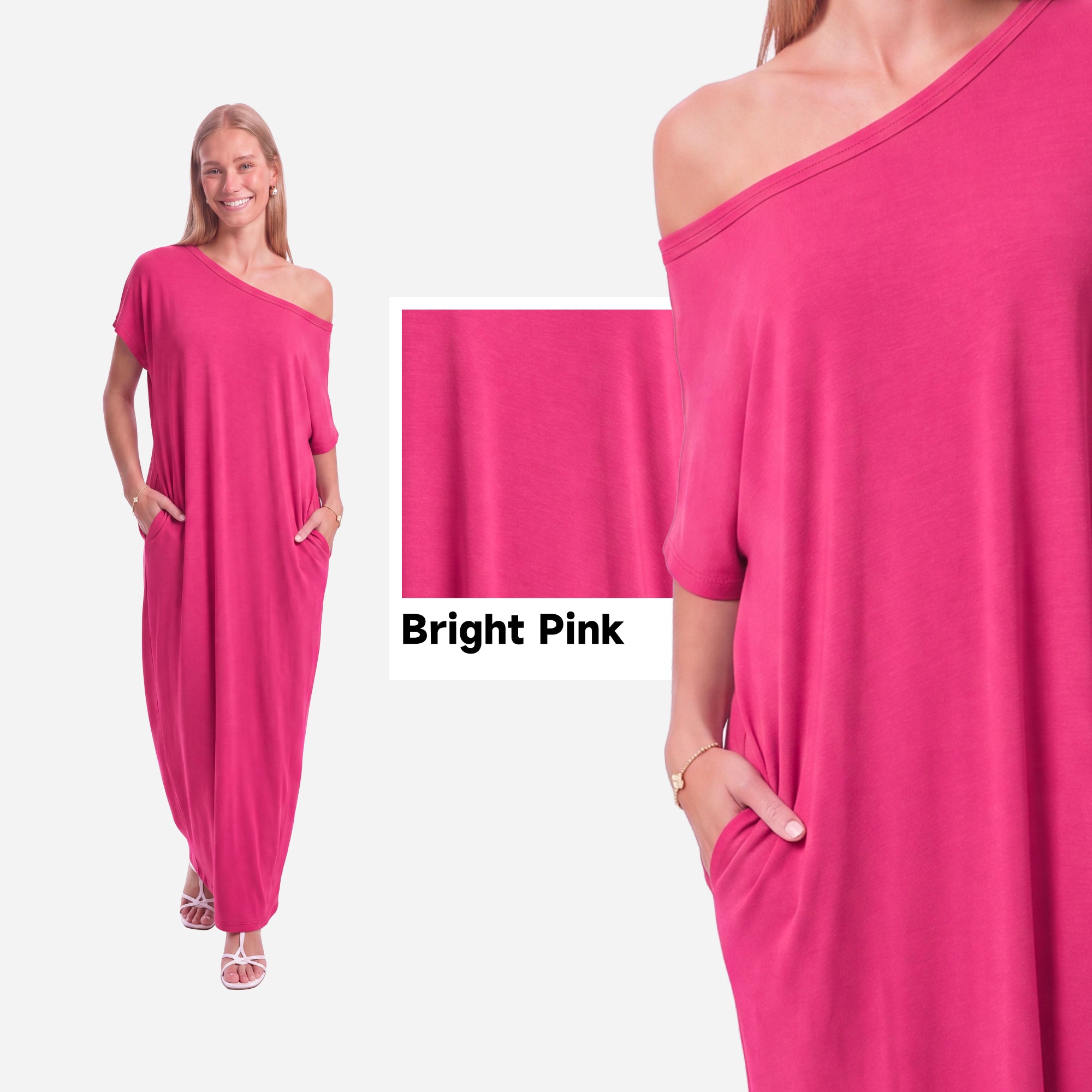 SHOWITTY Womens One Shoulder Batwing Sleeve Casual Dress with Hidden Pockets Soft Stretch Summer Dress